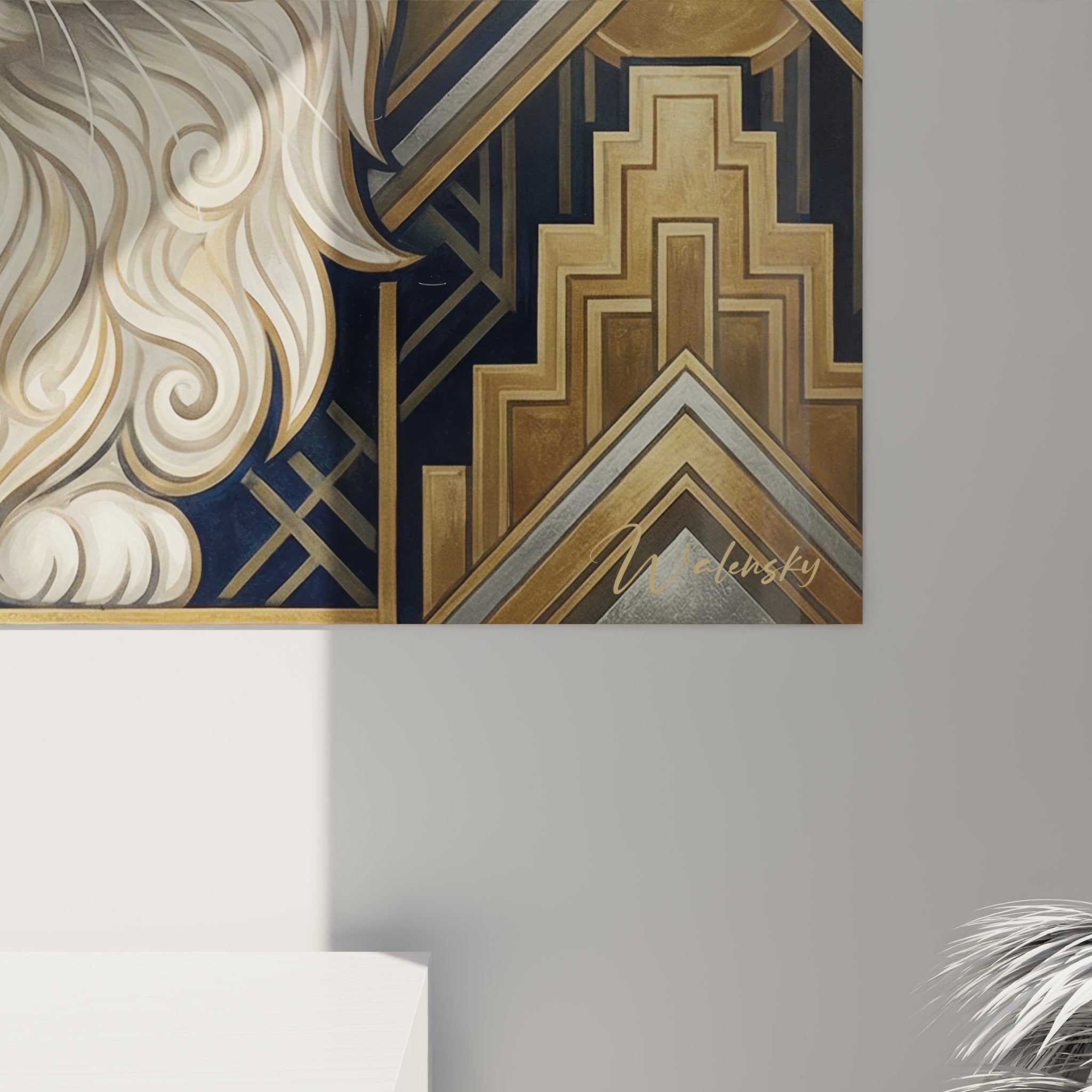 Übersicht dekoratives Gemälde persische Katze in modernem Interieur mit sophistizierten Art-Déco-Elementen