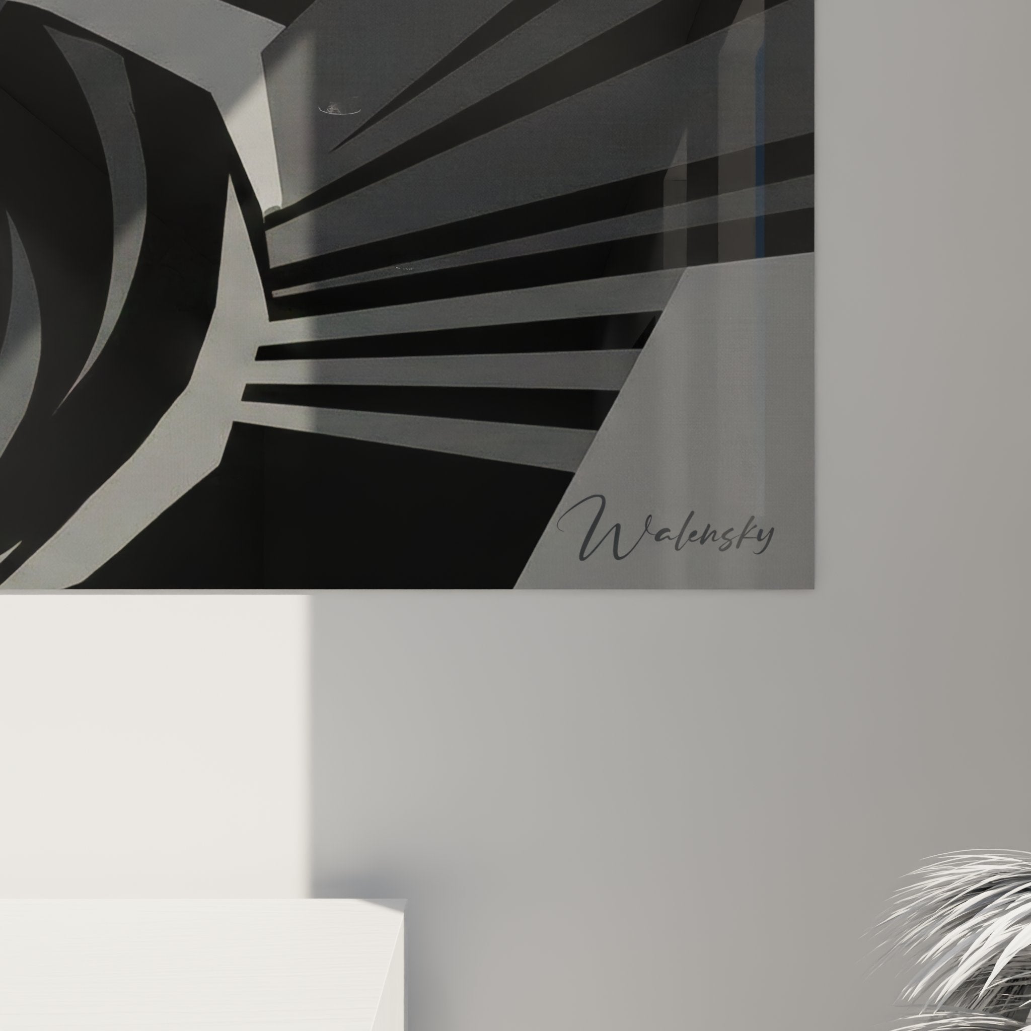 Vue d'ensemble tableau escalade abstraite - composition géométrique avec grimpeur rouge art contemporain