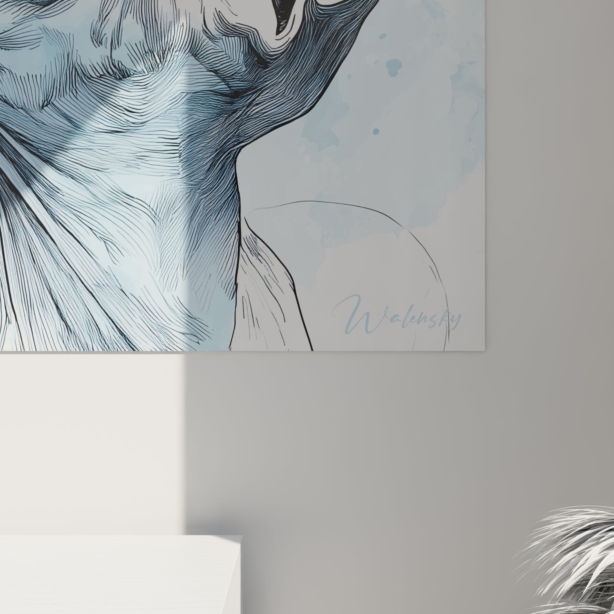 Vista d'insieme quadro gatto Sphynx acquerello blu arte murale moderna ritratto felino decorazione contemporanea