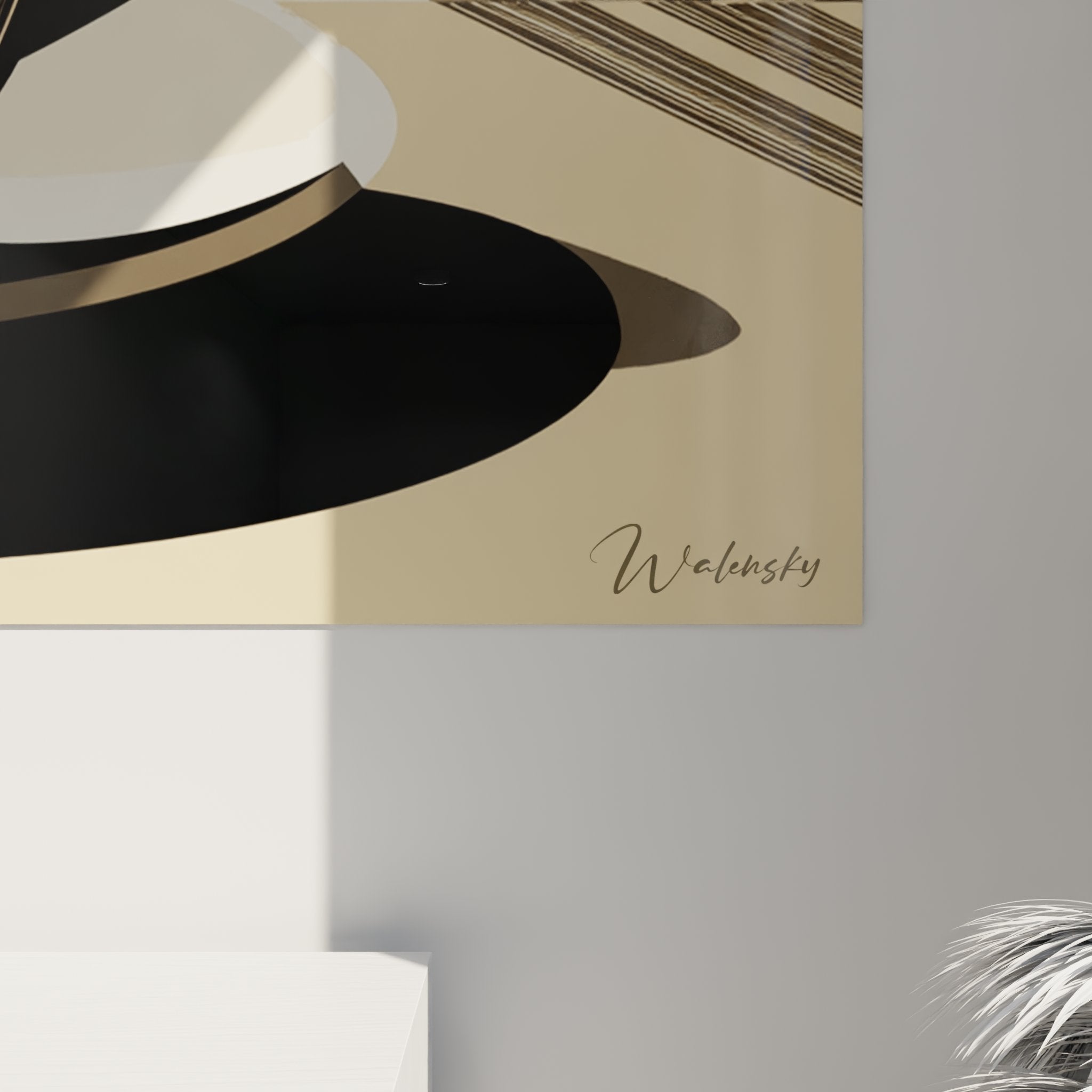 Vue ensemble tableau mural cafe art deco avec motifs geometriques et palette couleurs beige noir dore