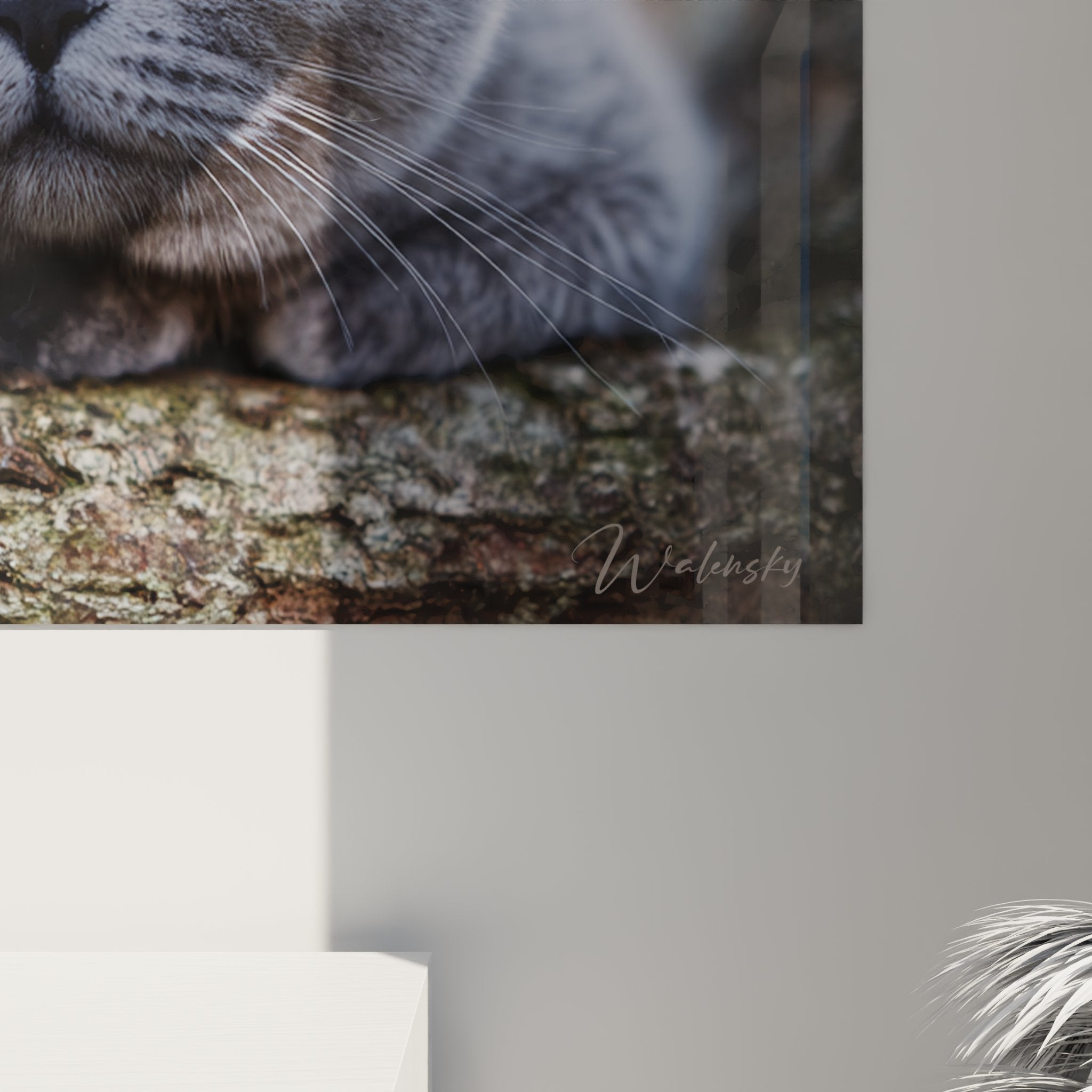 Vista d'insieme quadro murale gatto British Shorthair grigio in soggiorno moderno decorazione felina elegante