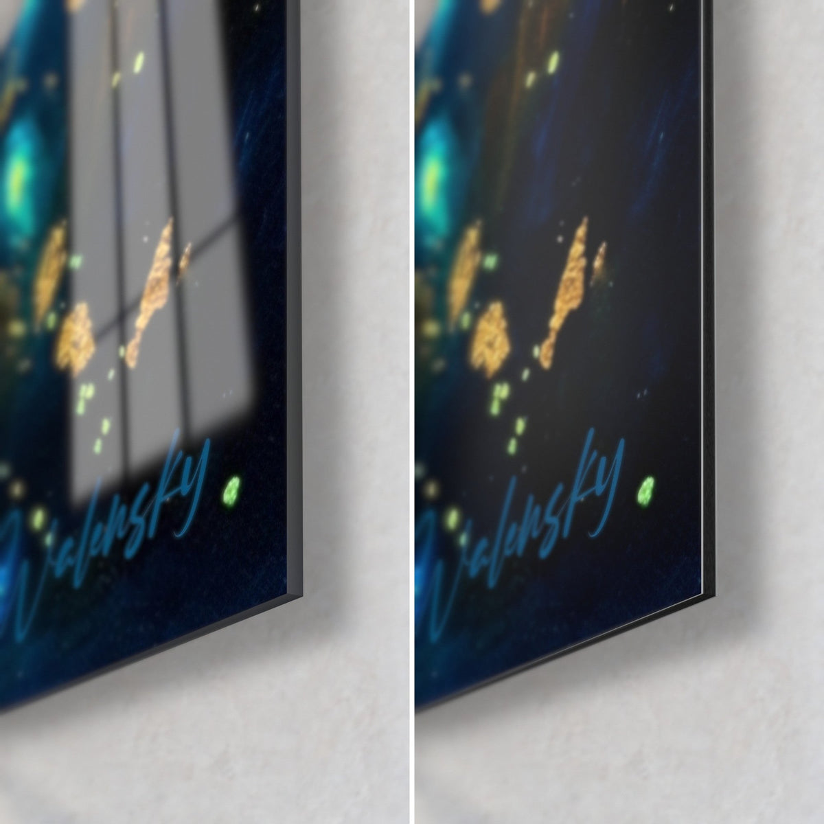 Wall art diver in dark waters, bottom right corner: glossy glass on the left, matte Dibond aluminum on the right, 3 mm edge, blue signature
