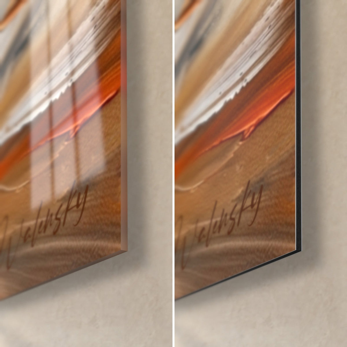 Wall art of a spotted cat in full run, bottom right corner: orange and ivory impasto, glossy glass on the left, matte Dibond on the right