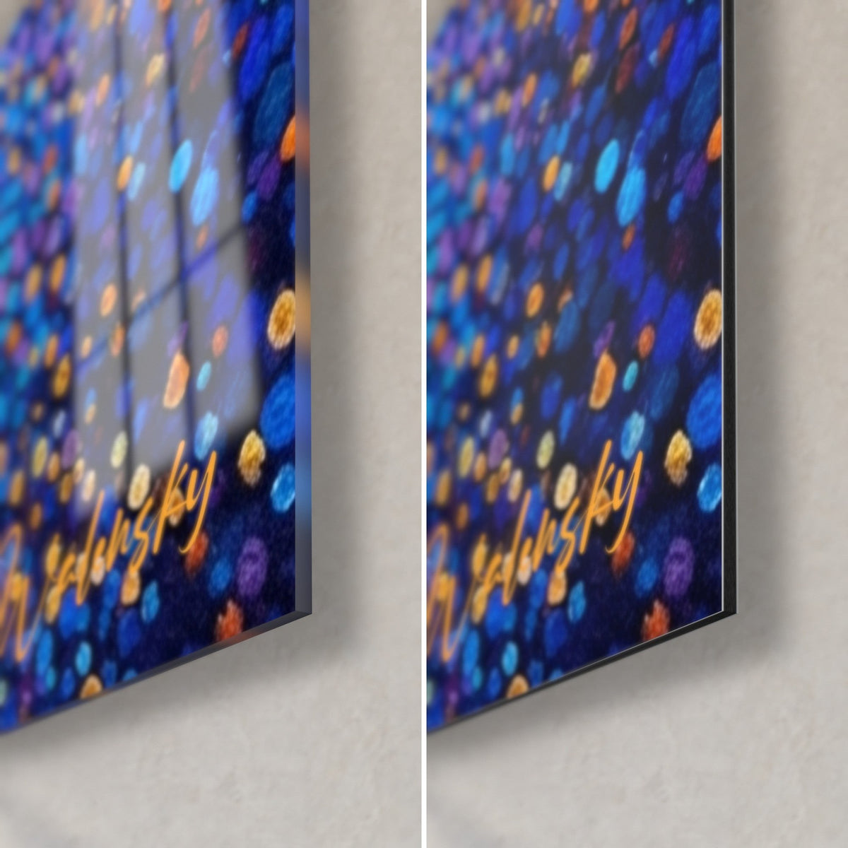 Wall art hairless cat, lower right corner: gold signature on blue and violet dots, glossy glass and matte Dibond
