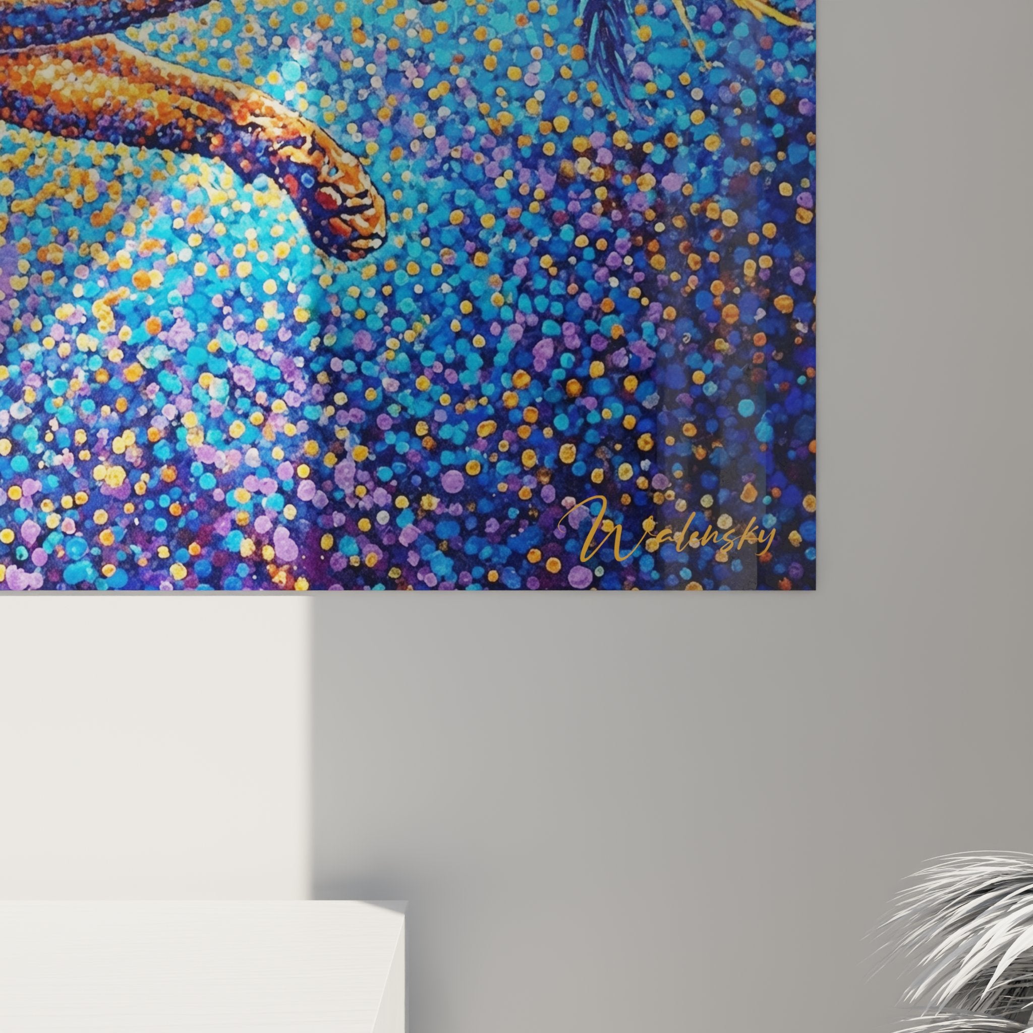 Vista d'insieme quadro gatto alato puntinismo arte murale decorazione moderna felino cosmico stelle