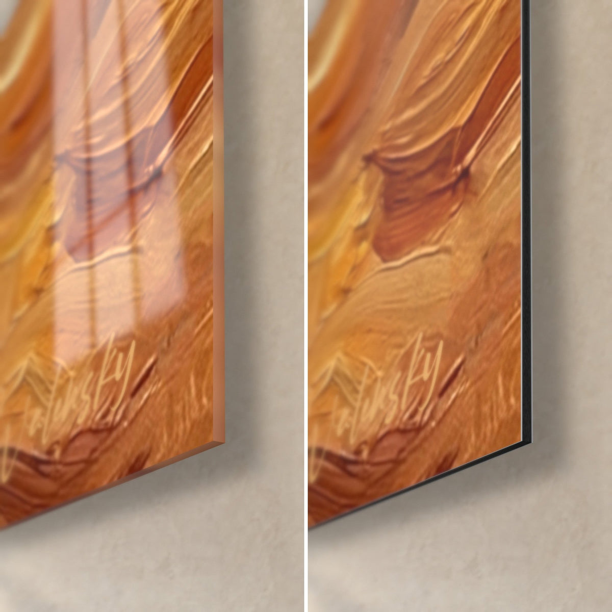 Schilderij Getijgerde wilde kat, rechtsonder: glanzend acrylglas met reflecties, mat zwart Dibond-aluminium, rand van 3 mm, oker en oranje