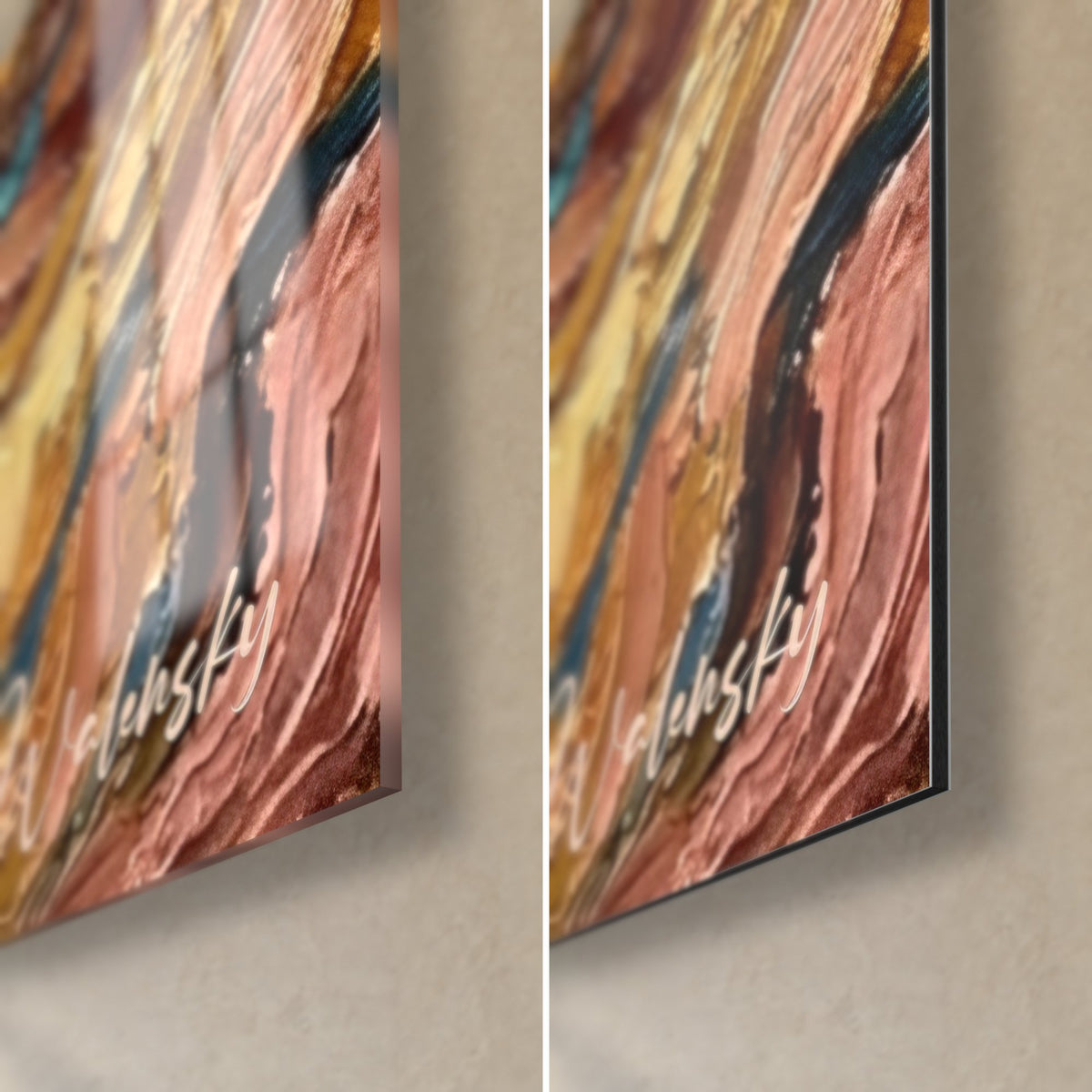 Quadro di rocce rosa salmone e ocra gialla in pennellate decise, angolo in basso a destra di vetro lucido e Dibond opaco