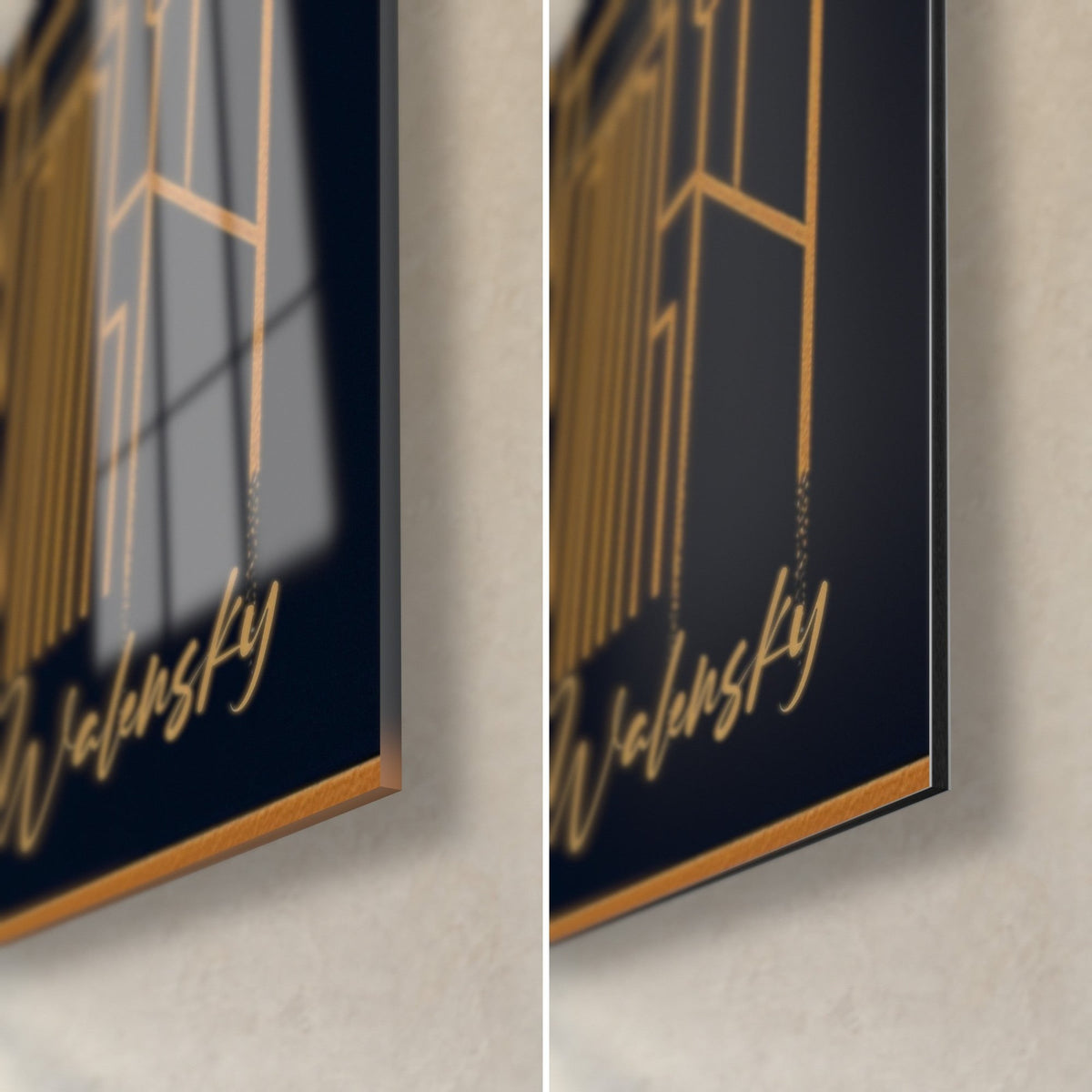 Tableau métropole en traits dorés, coin bas droit : signature Walensky ocre sur bleu nuit, verre brillant et Dibond mat de 3 mm
