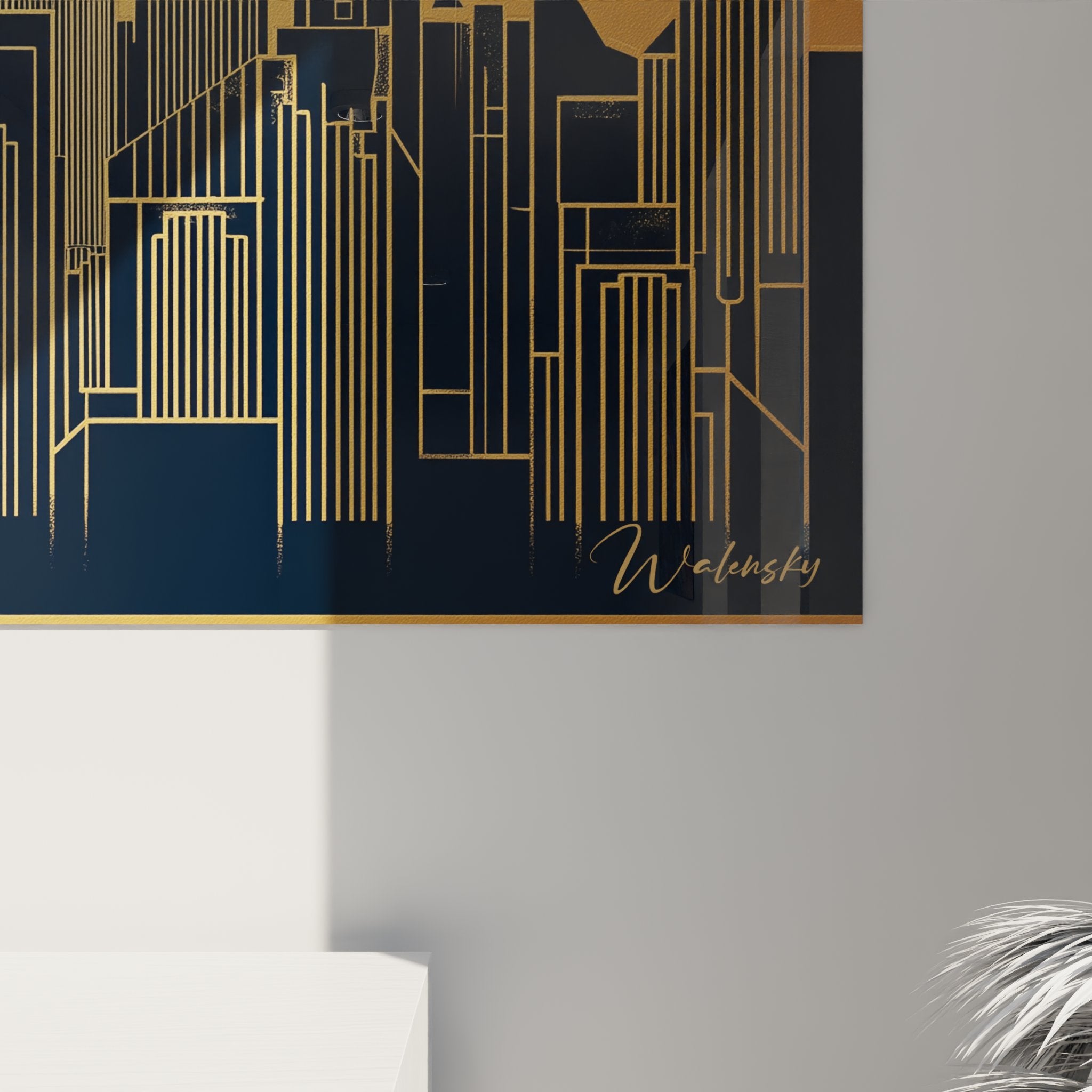 Vue d'ensemble tableau skyline art déco dans salon contemporain, effet rayons dorés sur métropole stylisée