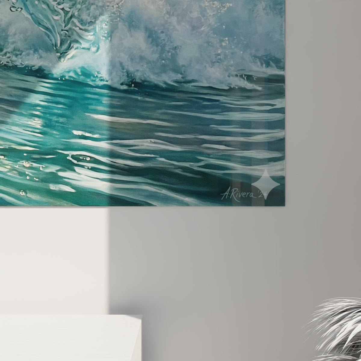 Vue ensemble tableau vague oceanique decoration interieur style surf art mural bleu