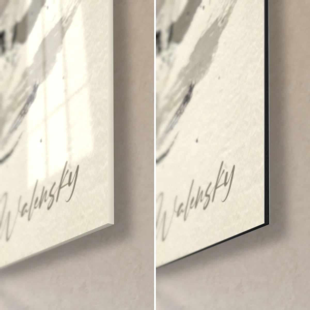 Wall art five rafters in life jackets, bottom right corner in glossy glass and matte black Dibond aluminium, grey Walensky signature