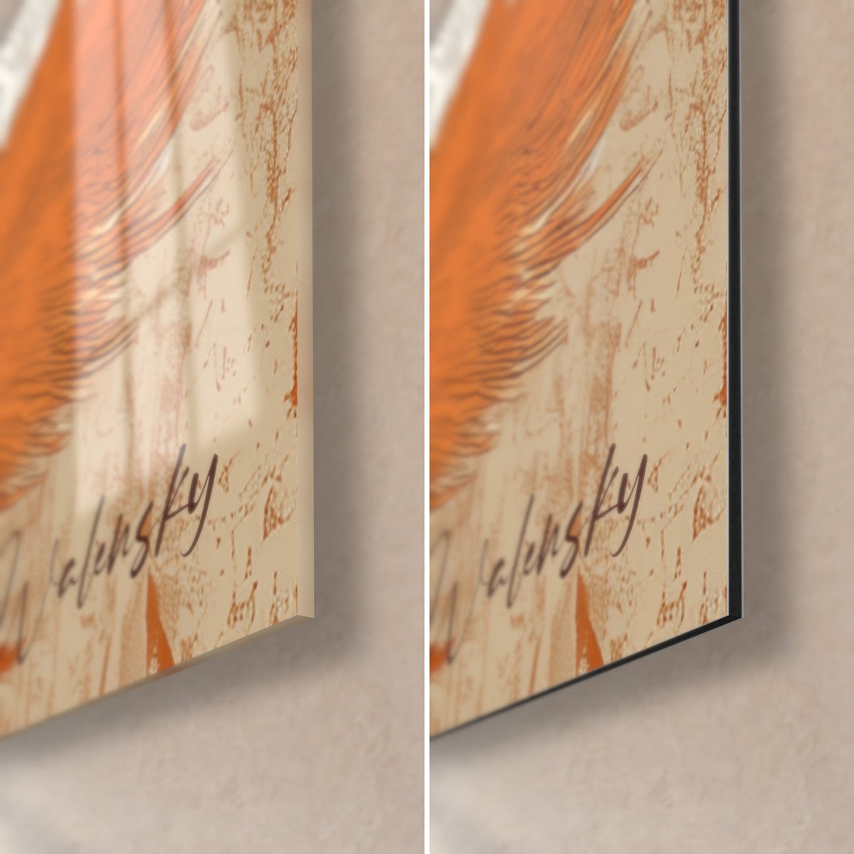Gemälde weiße Angora-Kätzchen mit rotbraunen Flecken, unten rechts, Signatur Walensky, glänzendes Glas und mattes Alu-Dibond
