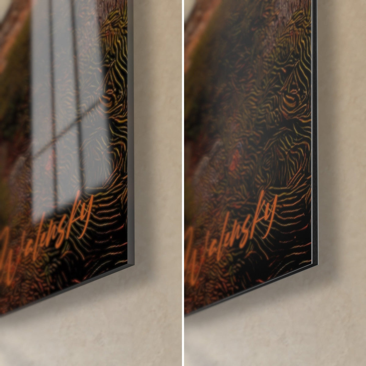 Gemälde Trockensteinunterstand, unten rechts: glänzendes Acrylglas links, matt gebürstetes Dibond rechts, 3 mm Stärke