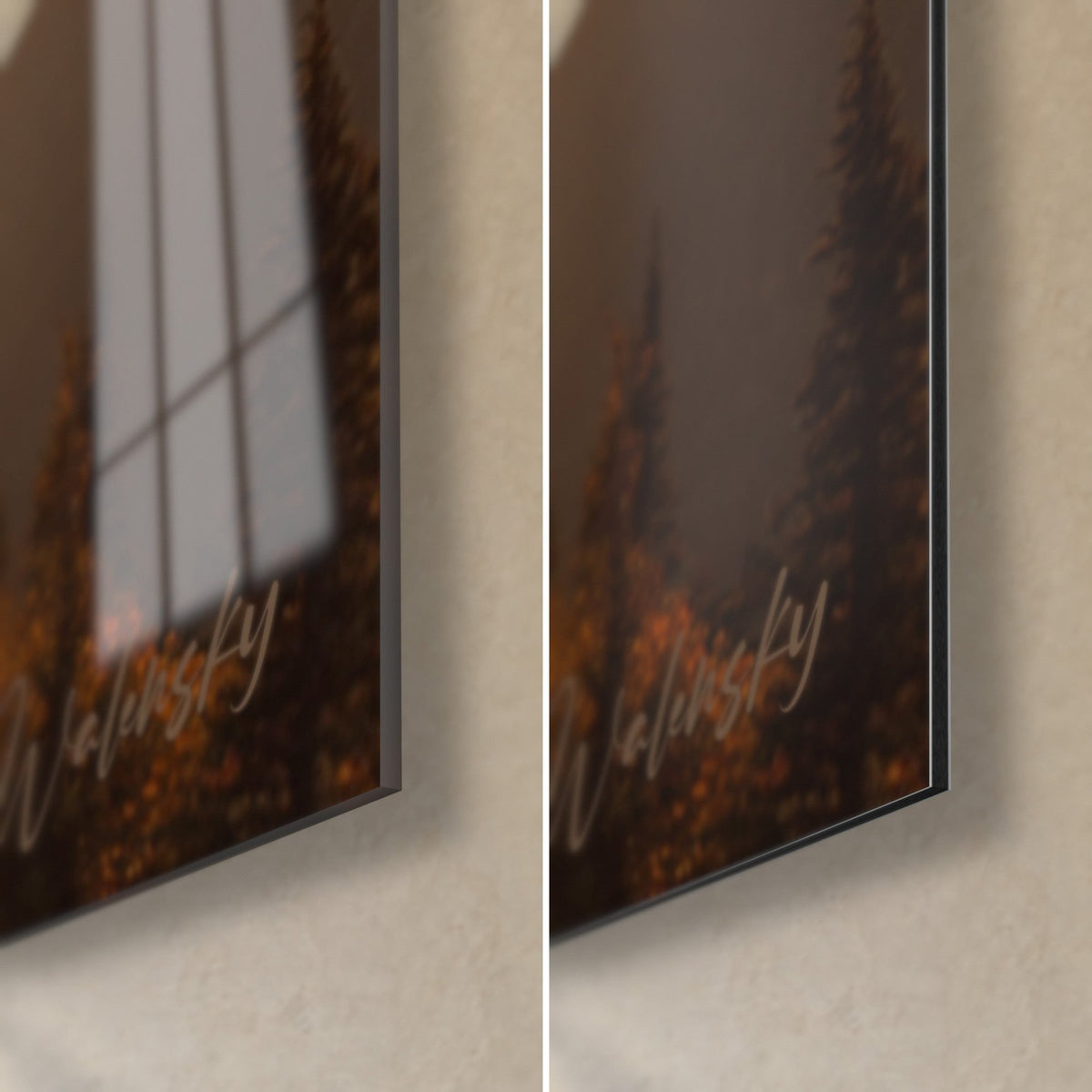 Gemälde eines Mountainbikers auf dem Gipfel, untere rechte Ecke: glänzendes Acrylglas links, mattschwarzes Alu-Dibond rechts, 3 mm Kante