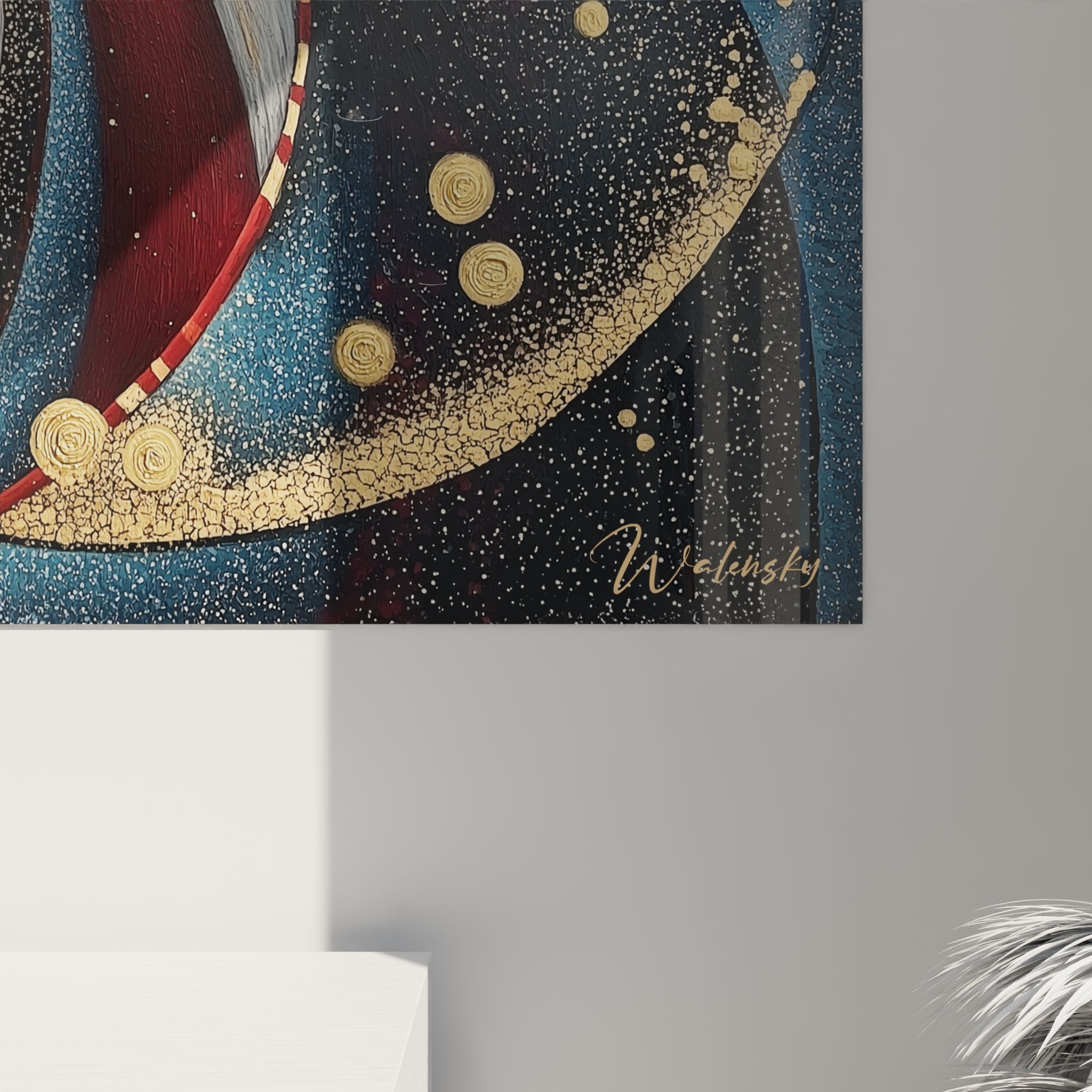 Vue d'ensemble tableau spirale cosmique mural, art moderne tourbillon rouge bleu or décoration salon