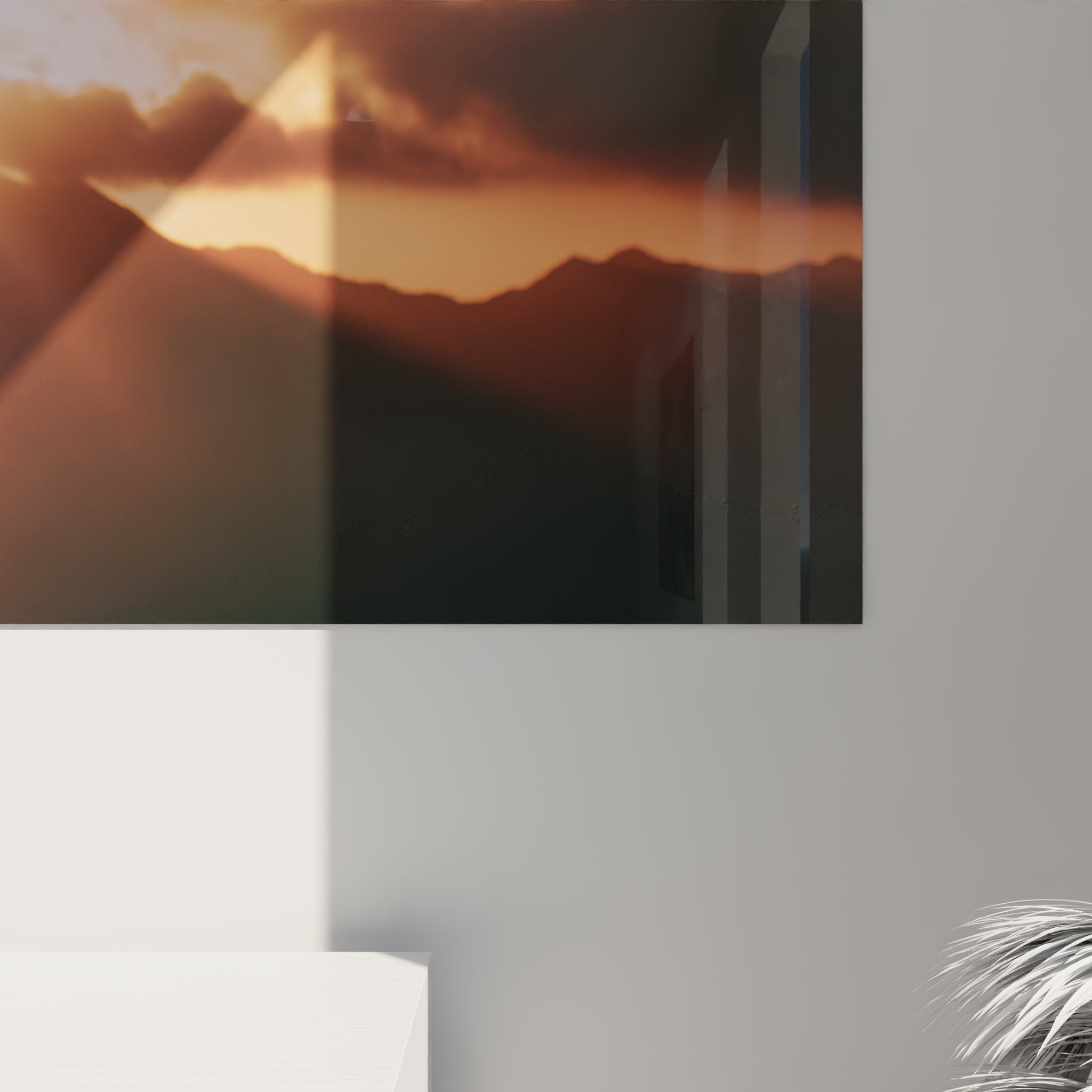 Vue d'ensemble tableau VTT saut sunset dans un salon moderne avec eclairage d'ambiance chaleureux