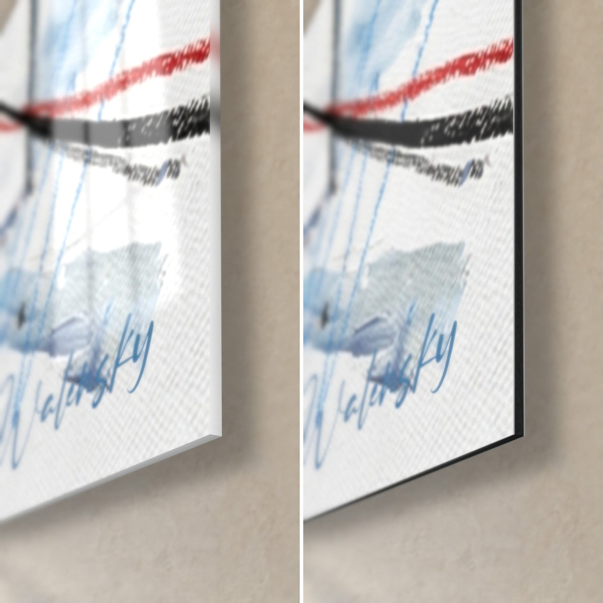 Tableau alpinistes encordés, coin bas droit en verre brillant et alu Dibond mat, signature bleue et corde rouge, tranche de 3 mm