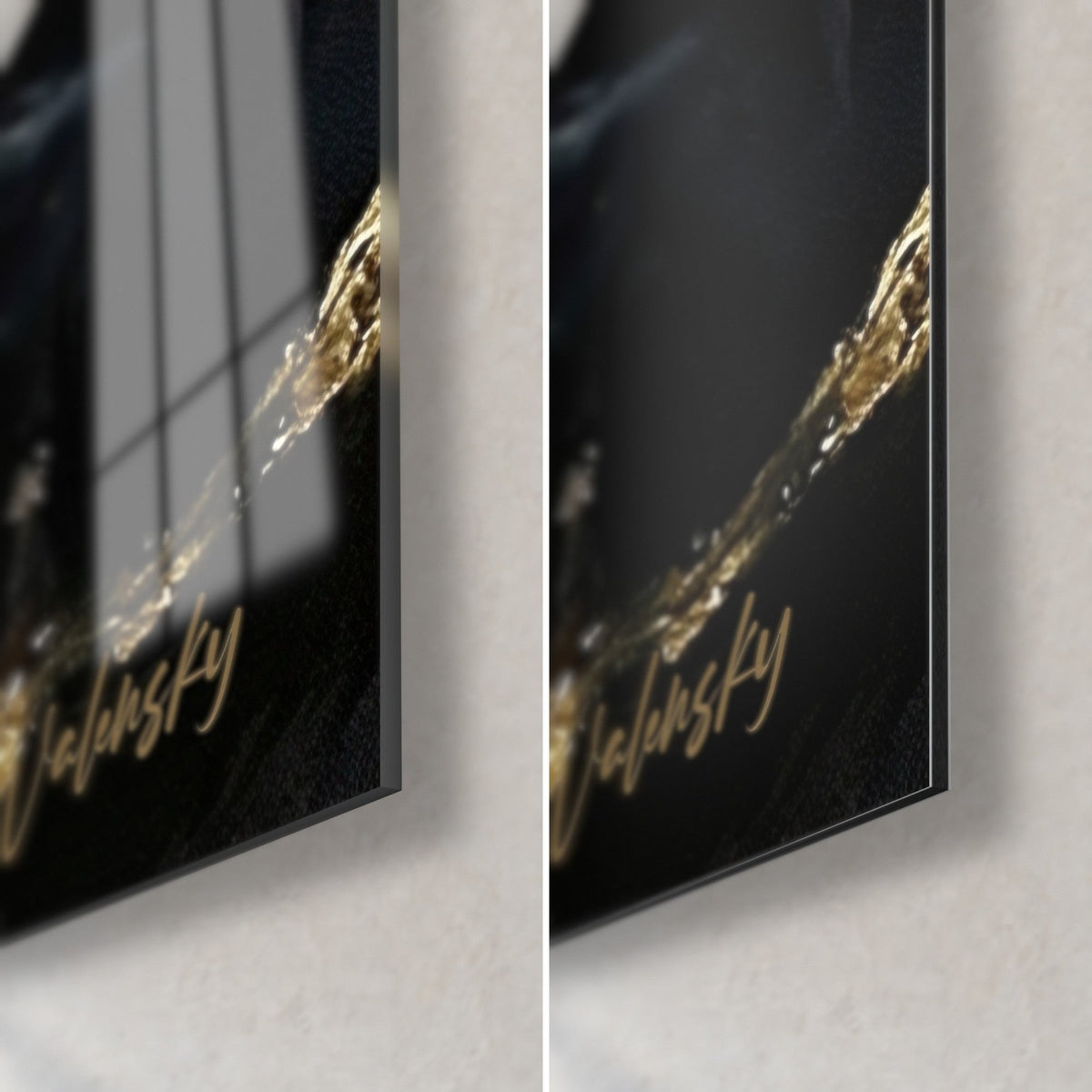 Gemälde graue Katze mit grünen Augen, Ecke unten rechts: glänzendes Acrylglas links, mattschwarzes und goldenes Alu-Dibond rechts