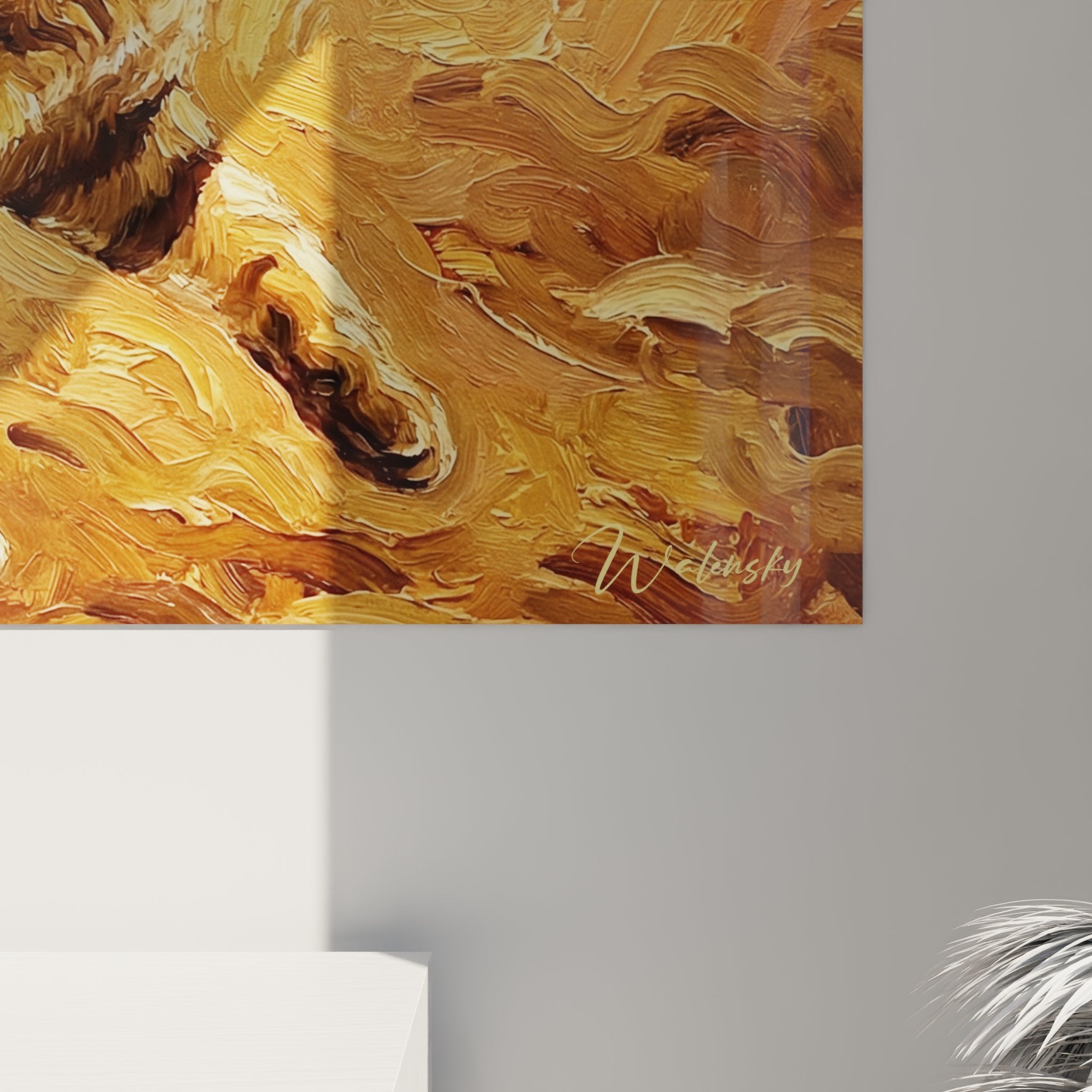 Vue d'ensemble tableau mural chat American Bobtail tigré tons dorés, art décoratif félin pour intérieur moderne