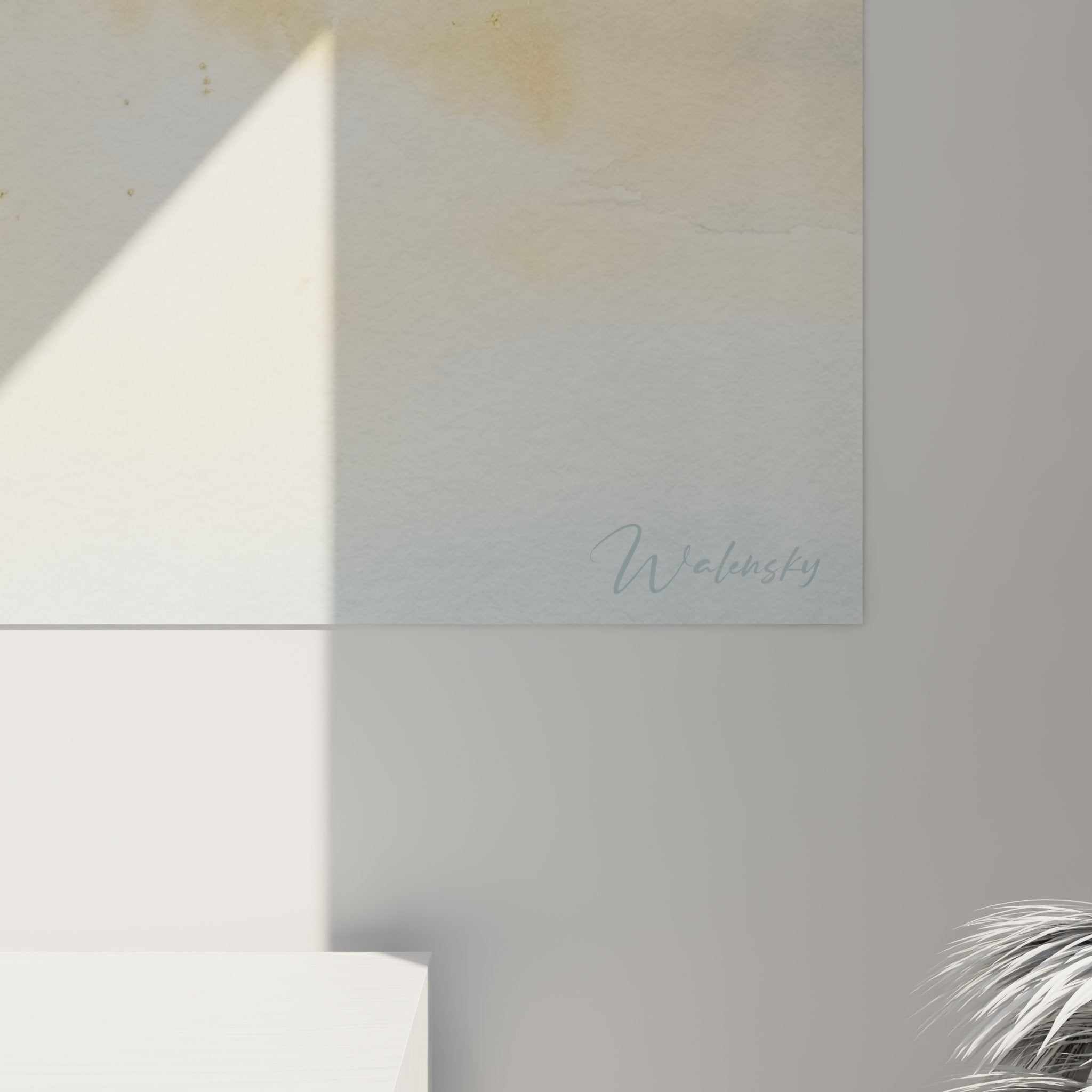 Vue d'ensemble tableau kayak aquarelle dans salon contemporain, décoration murale apaisante