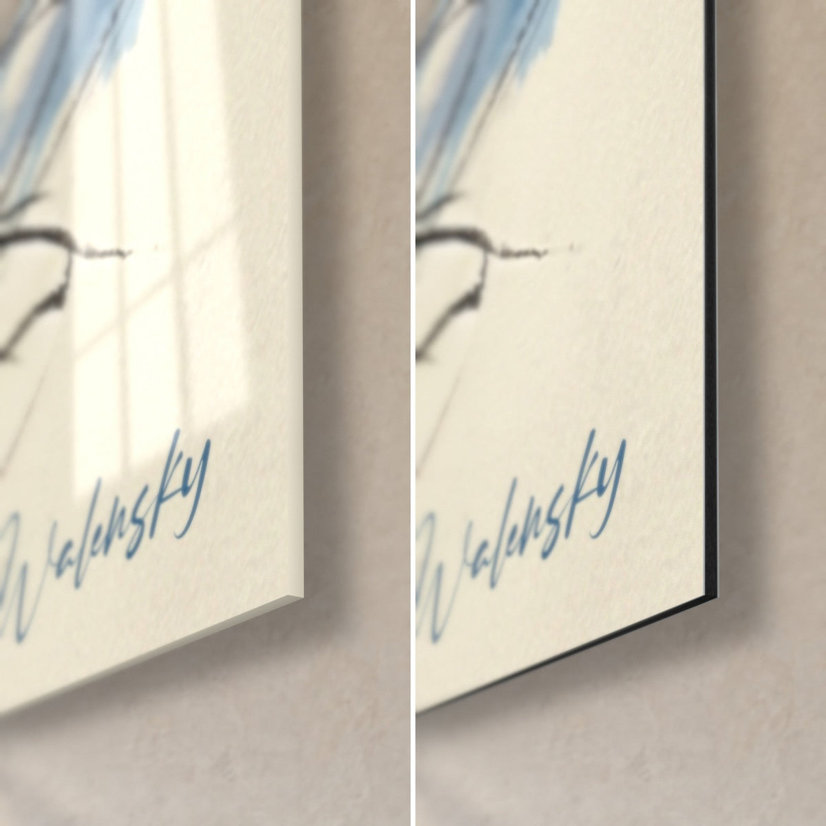 Wall art of a masked diver, slate-blue Walensky signature bottom right, glossy acrylic glass on the left, matte black Dibond on the right