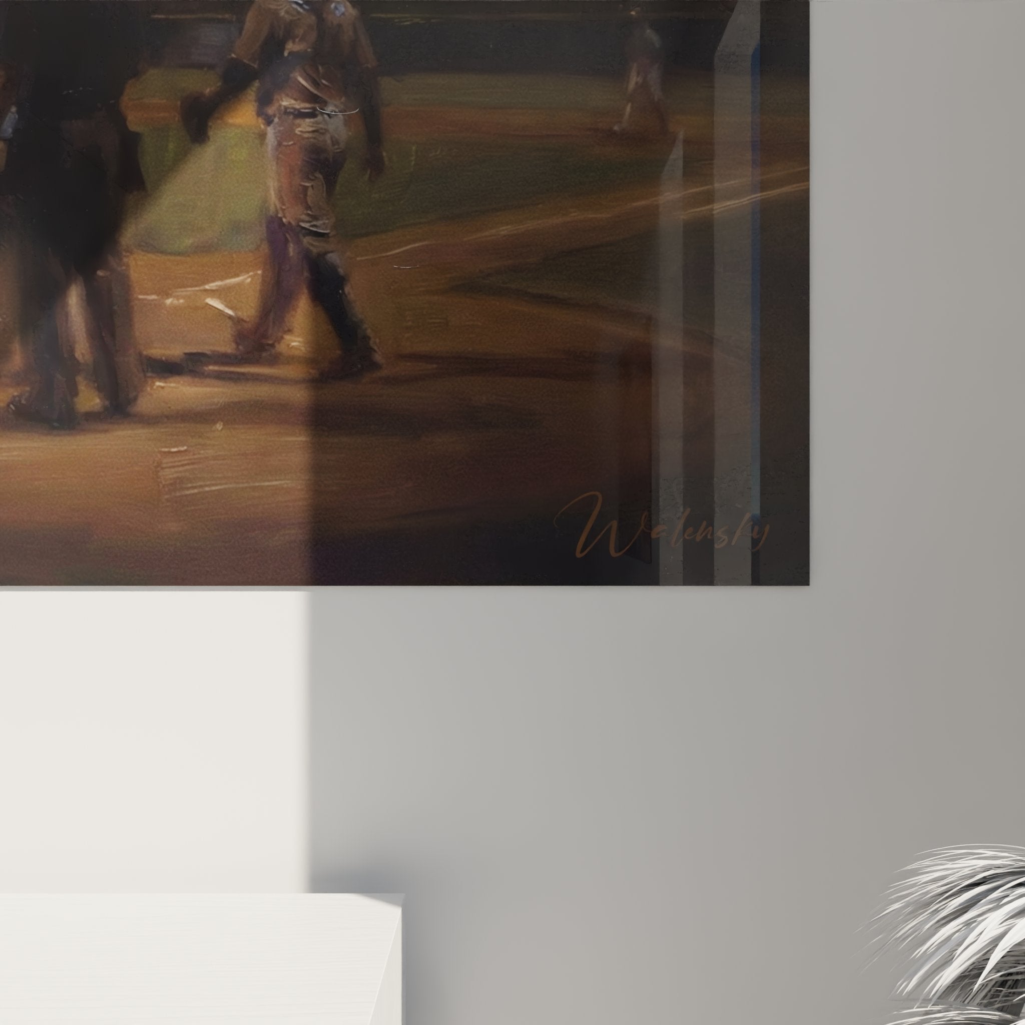 Vue d'ensemble tableau baseball nocturne sur mur, scène de match en soirée sous éclairage artificiel