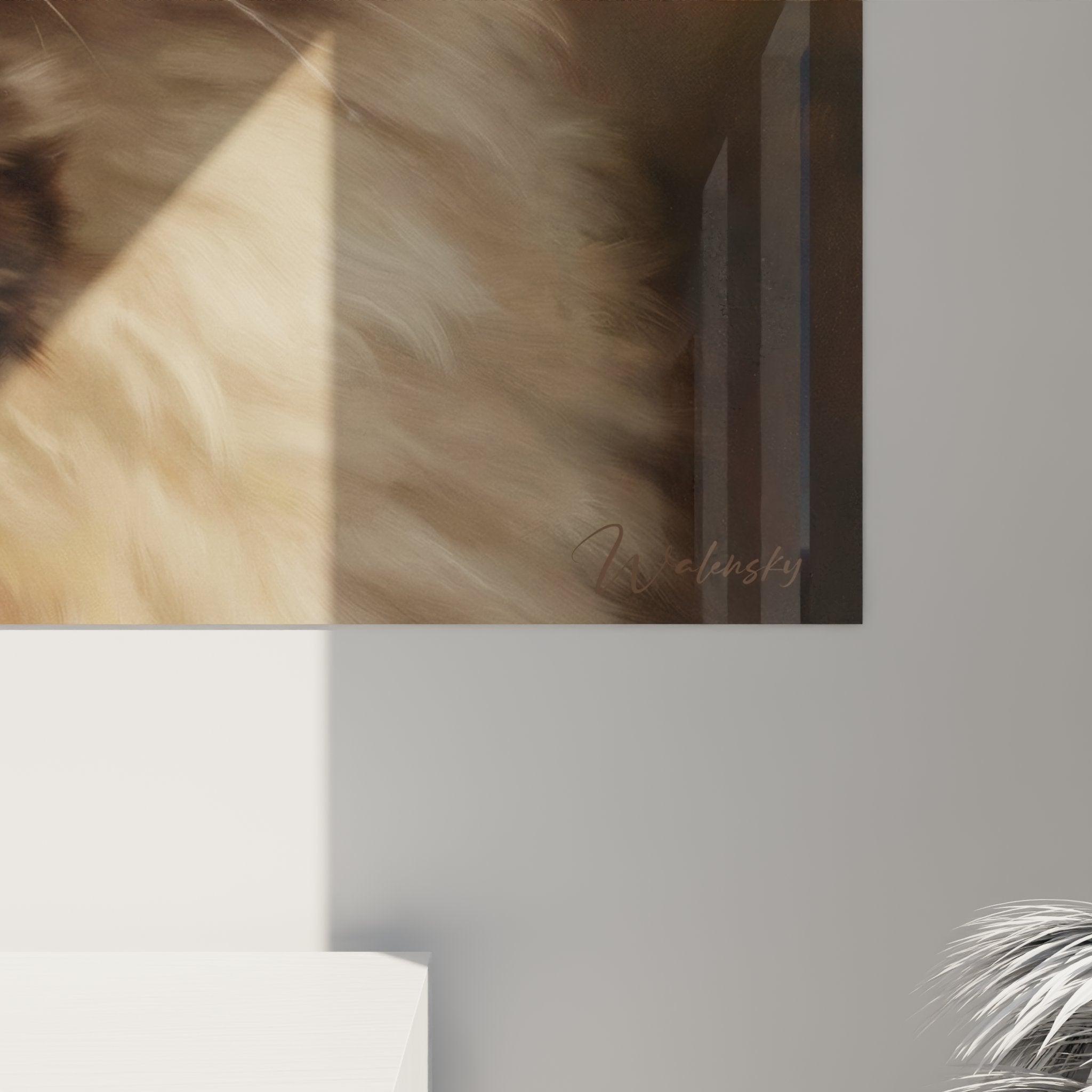 Vue d'ensemble œuvre murale chat Himalayan décoration intérieure art animalier style contemporain