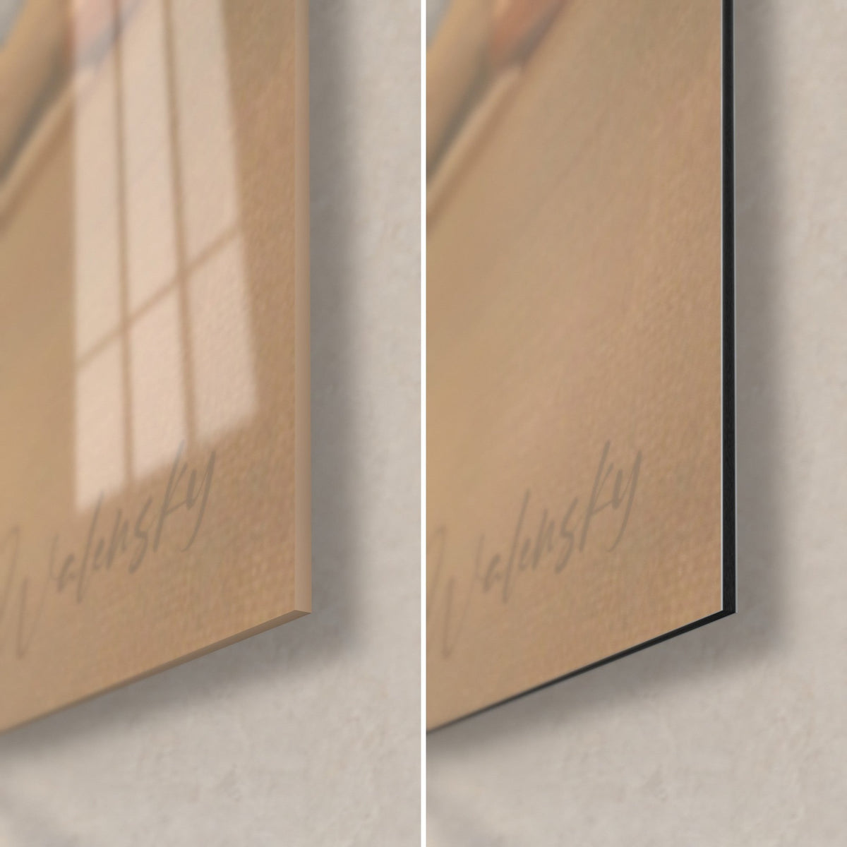 Tableau gymnaste en étirement, coin bas droit : verre acrylique brillant et reflets à gauche, Dibond noir mat à droite