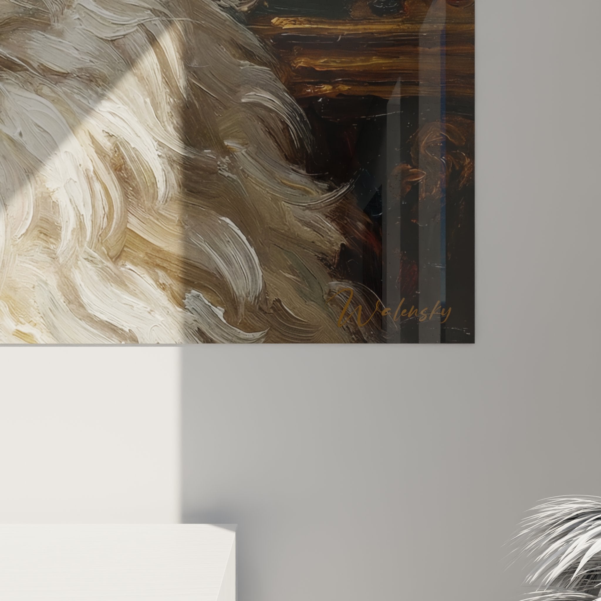 Vue d'ensemble du tableau mural représentant un chat persan blanc dans son environnement décoratif doré