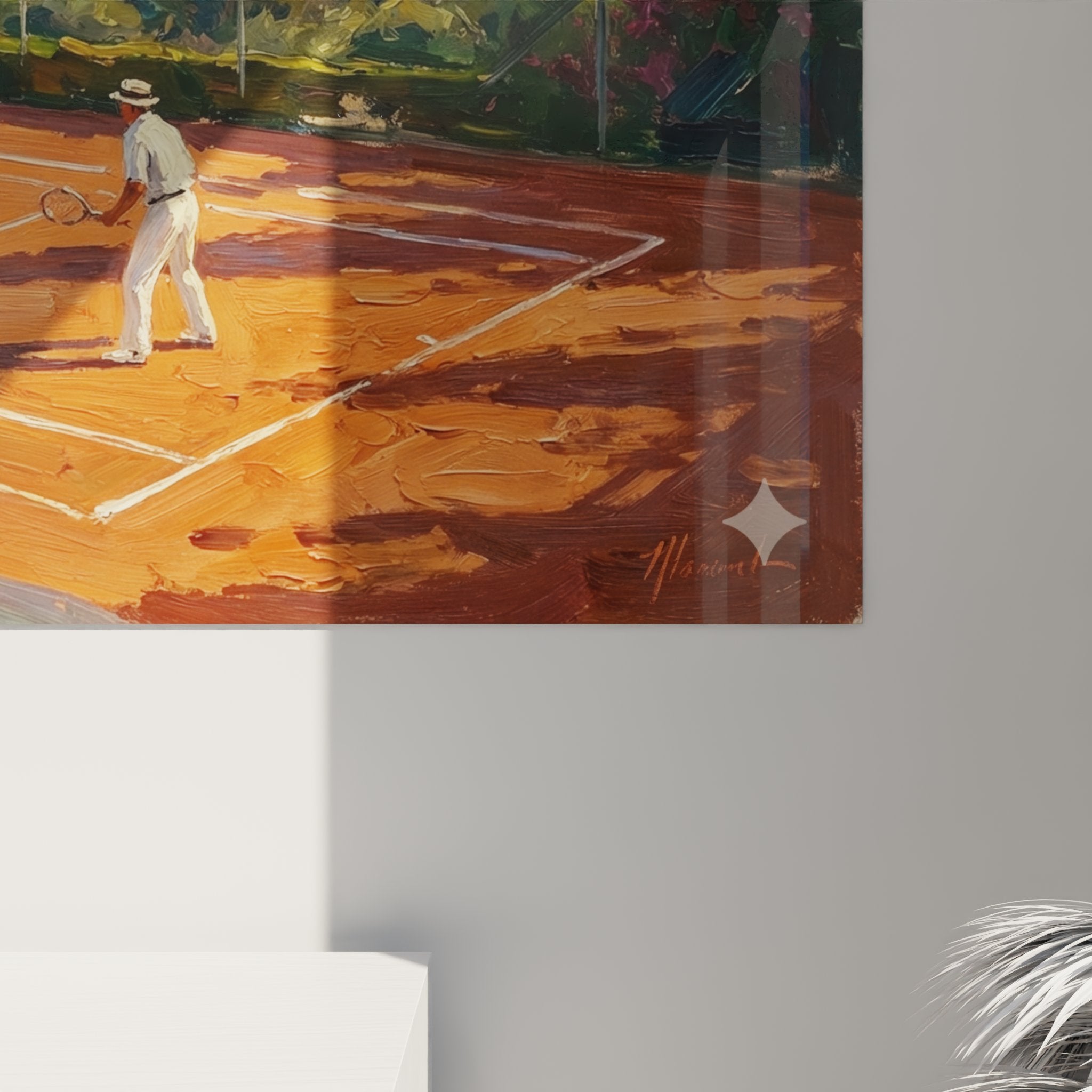 Vue ensemble tableau tennis méditerranéen cyprès mer panorama court terre battue art sportif mural