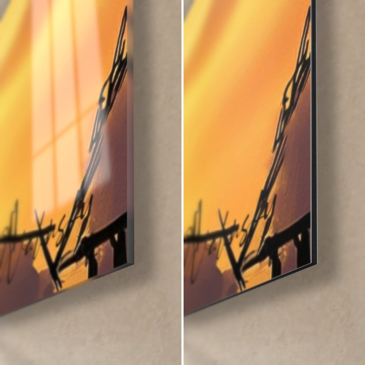 Tableau cigogne en plein vol, angle bas droit : verre acrylique brillant à gauche, alu Dibond mat à droite, tranche de 3 mm