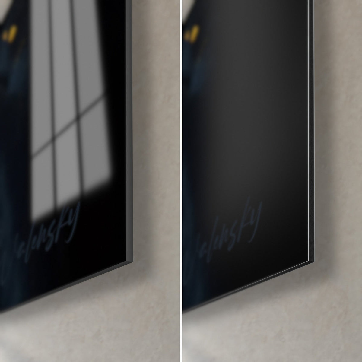 Schilderij Birmaanse kat met blauwe ogen, rechtsonder: glanzend acrylglas dat een raam weerspiegelt, mat zwart Dibond, rand van 3 mm
