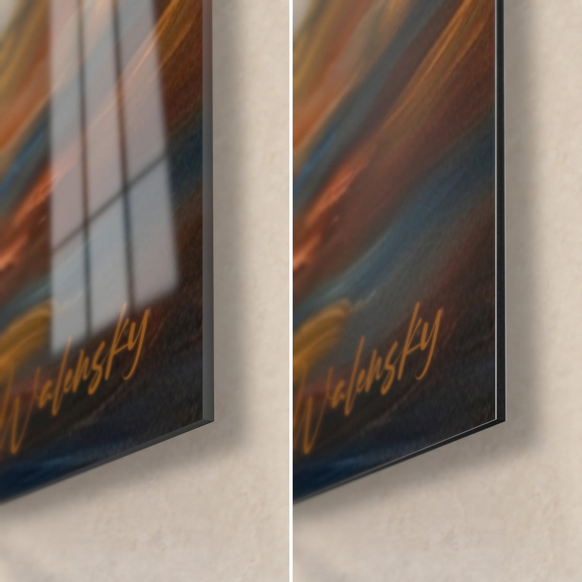 Schilderij donkere motorboot op glanzend acrylglas links, mat Dibond-aluminium rechts, gouden signatuur en rand van 3 mm