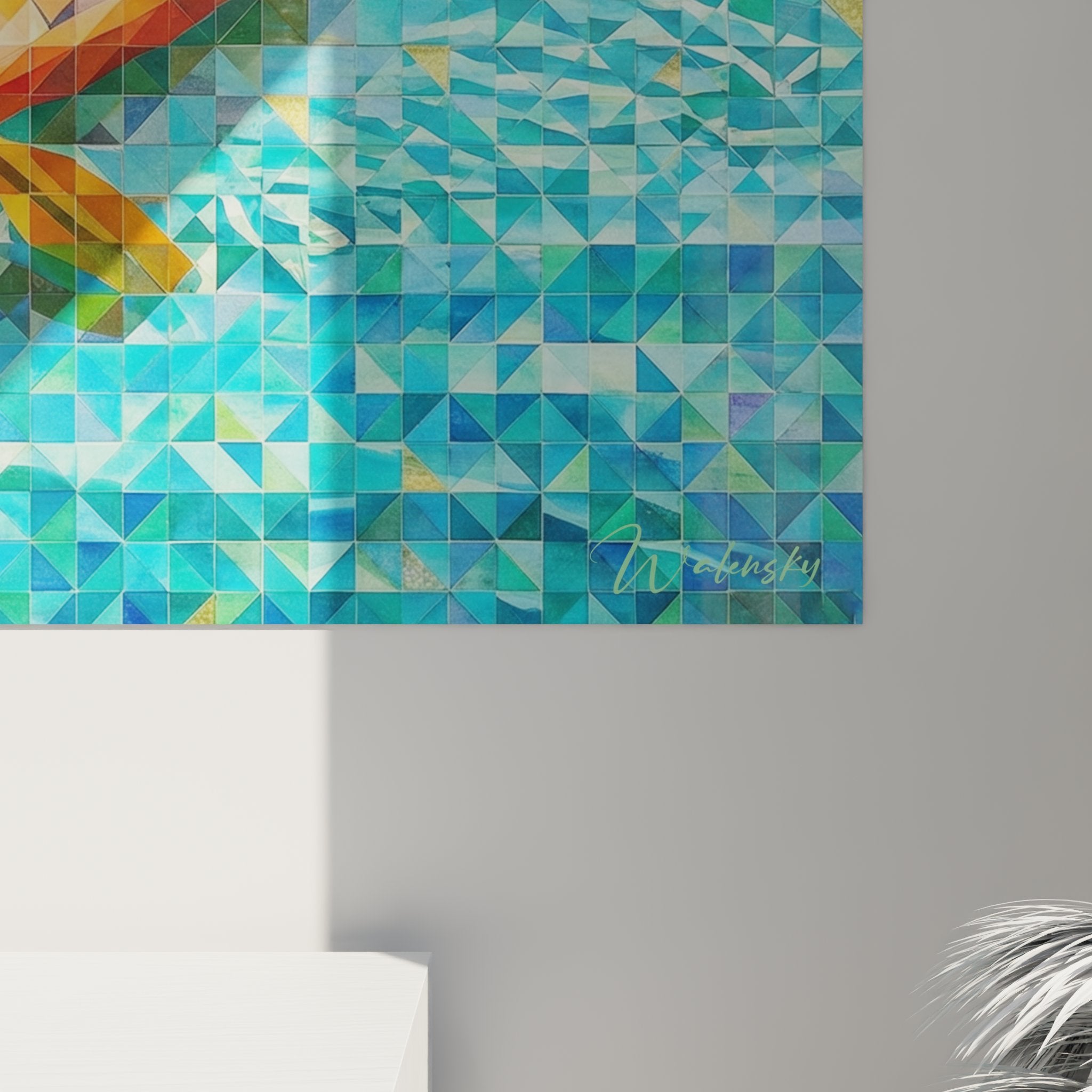 Vue d'ensemble tableau kayak mosaïque, art mural moderne pagayeur style géométrique