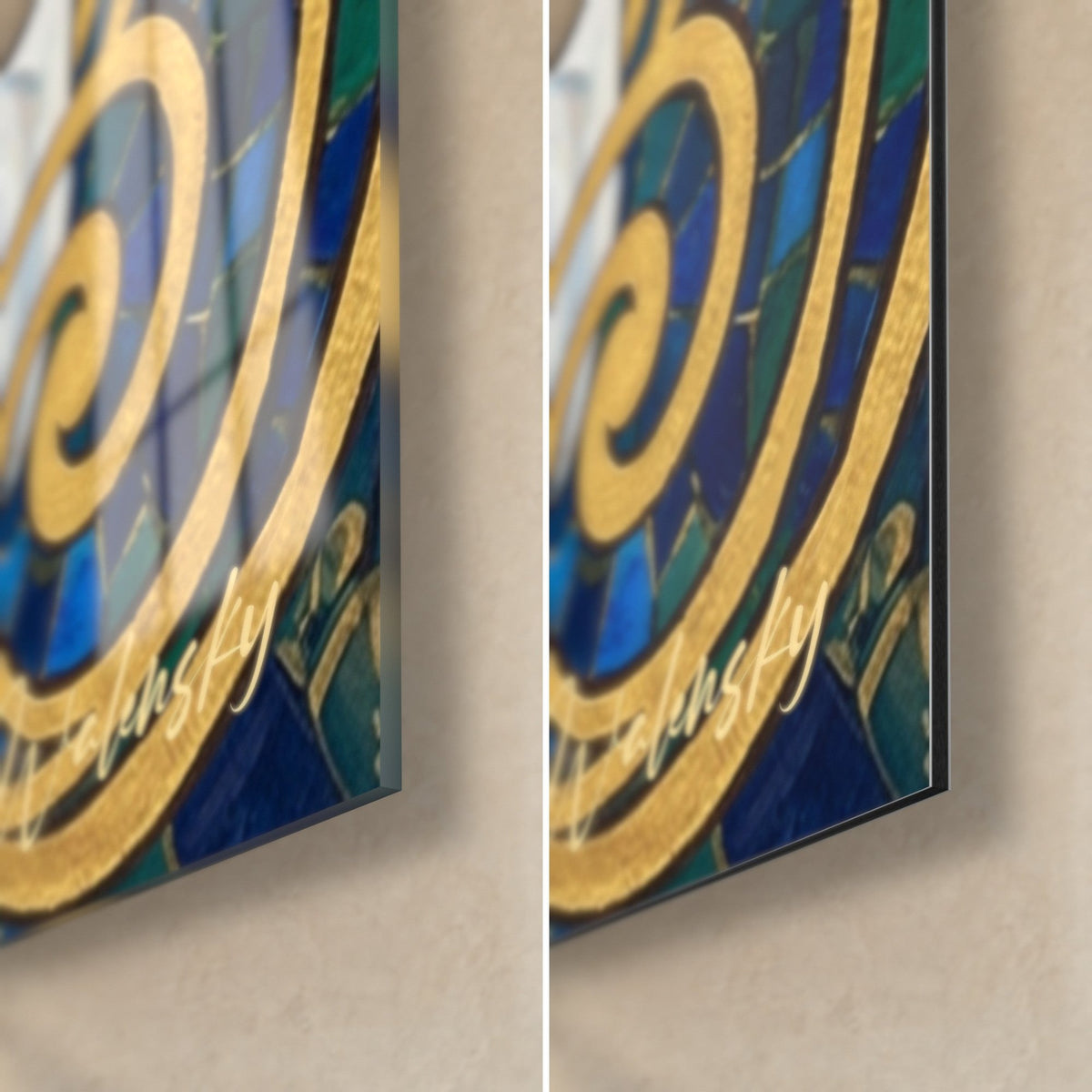 Wall art Breton piper, bottom right corner: golden spiral and blue mosaic, glossy glass on the left, matte Dibond on the right