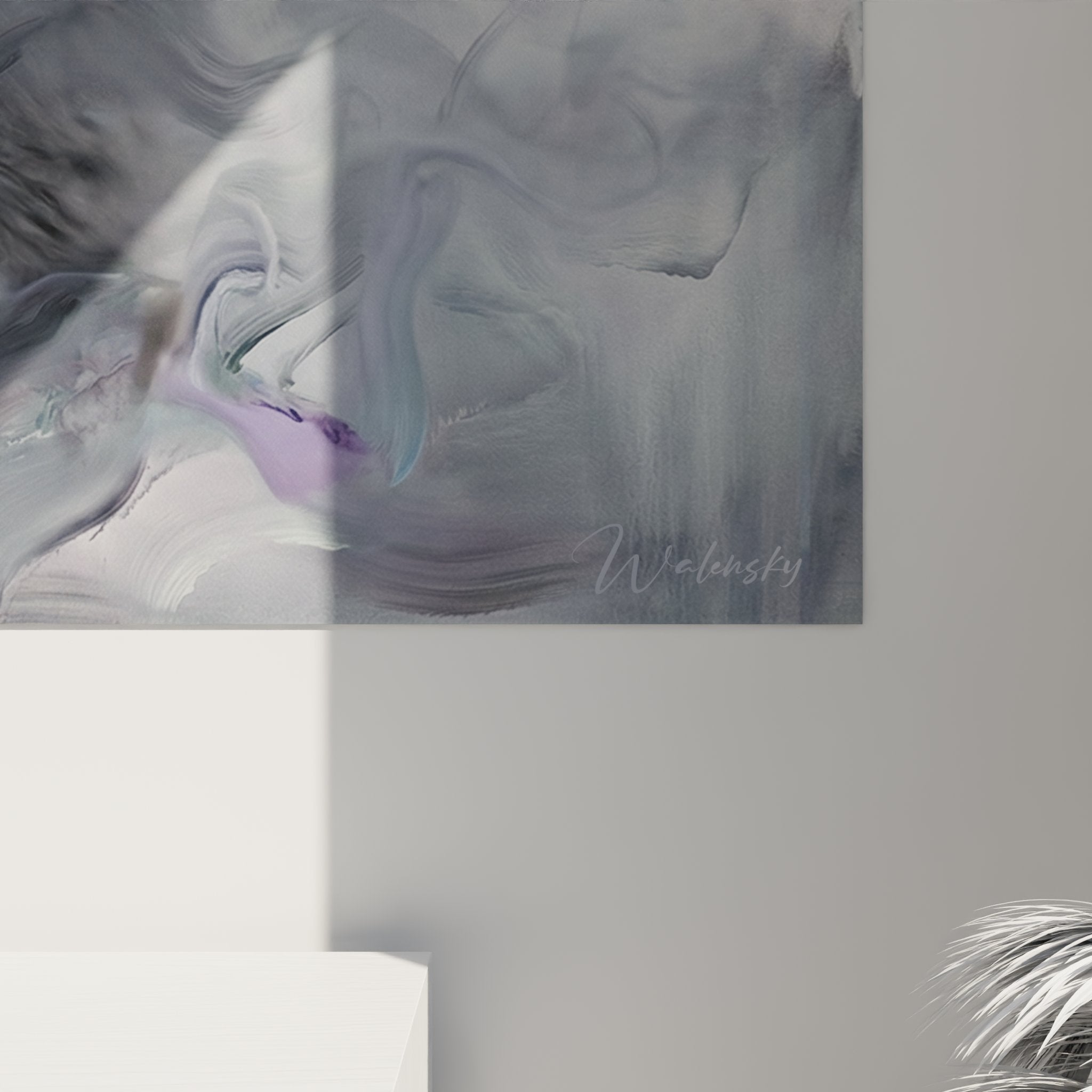 Vista completa quadro murale gatto Nebelung mistico, effetto nebbie eterei su tela arte contemporanea felina