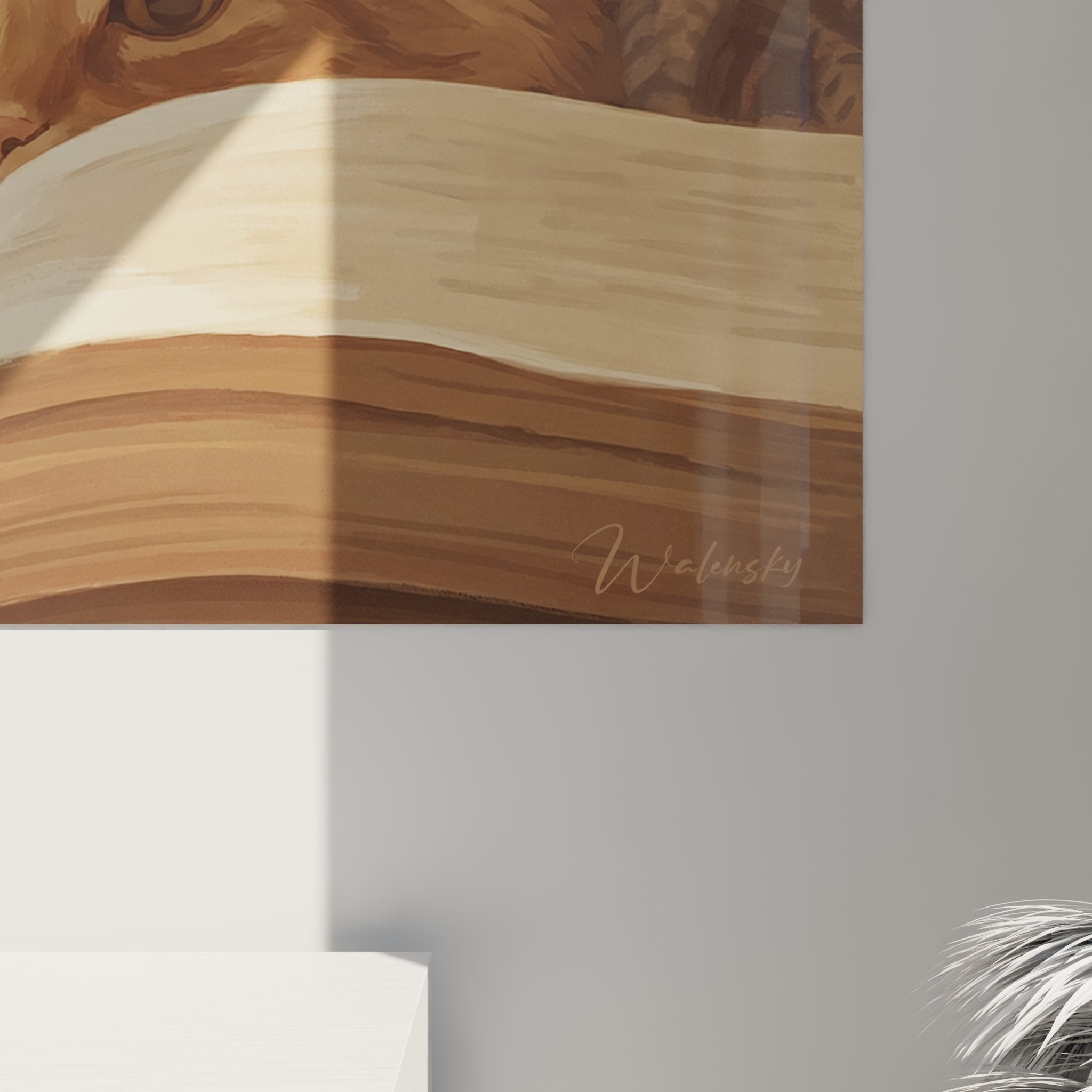 Vue ensemble salon tableau chat American Curl lecteur decoration murale art contemporain animalier