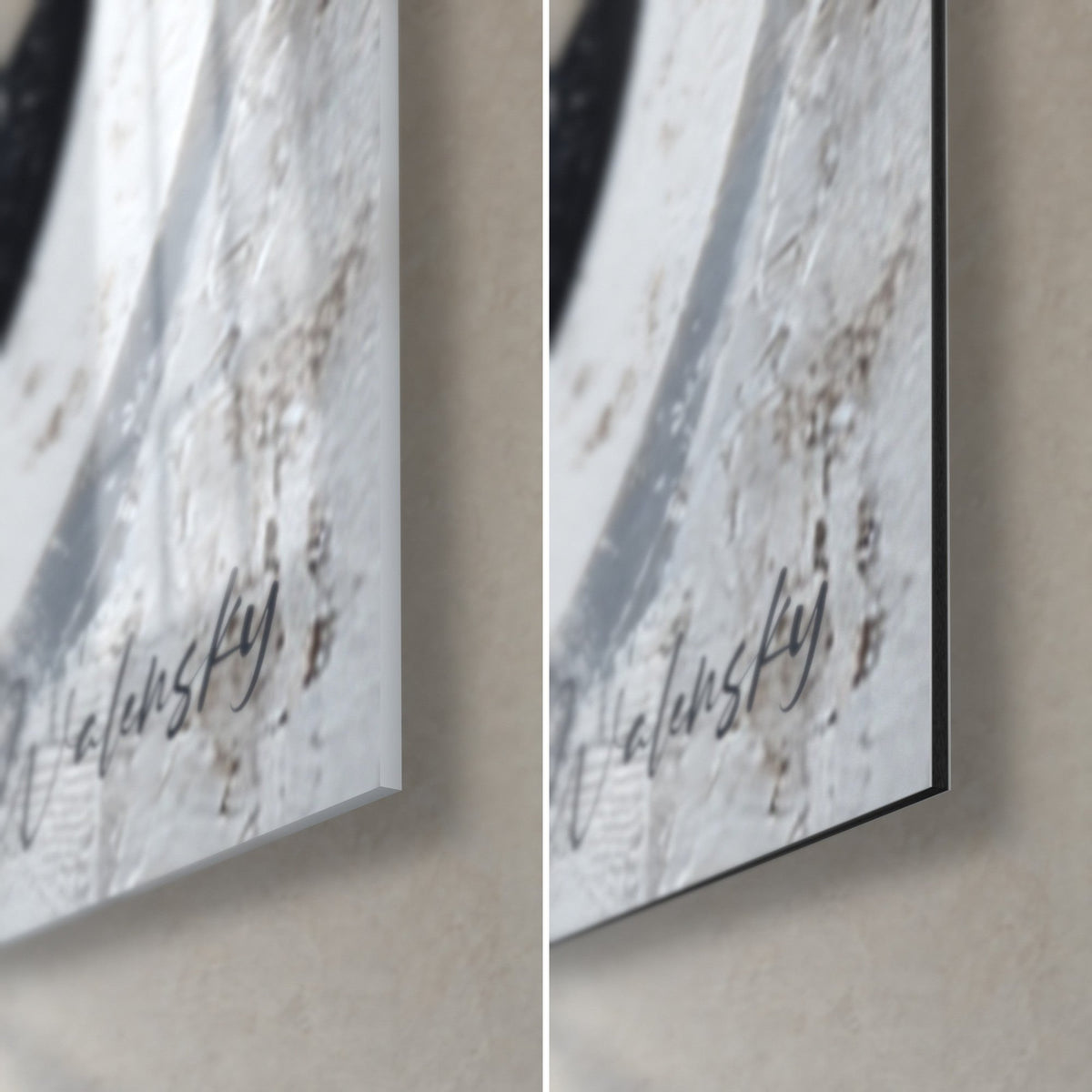Schilderij met zwart-witte Afrikaanse maskers, rechtsonder hoek links in glanzend acrylglas, rechts in mat Dibond, rand van 3 mm