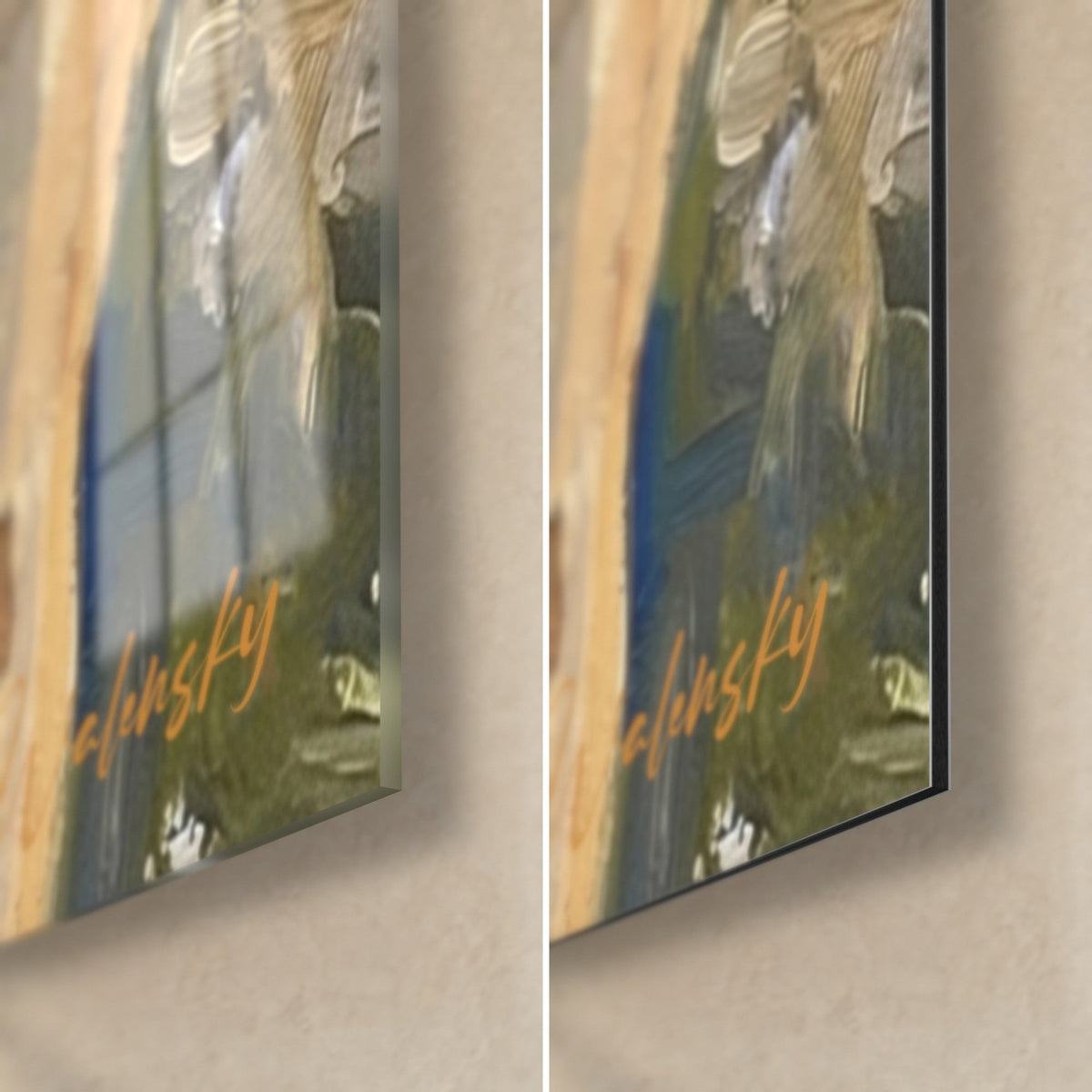 Quadro di un arrampicatore con pittura spessa ocra e verde oliva, angolo in basso a destra in vetro con riflessi lucenti e Dibond opaco, spessore 3 mm