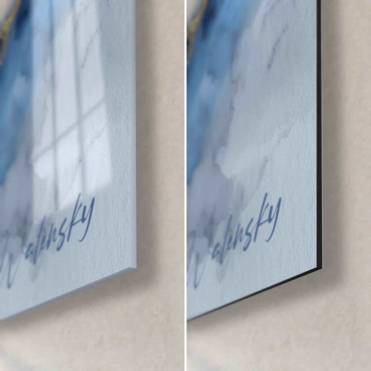 Wall art abstract mountain, bottom right corner: glossy acrylic glass with reflections, matte grey Dibond aluminium and 3 mm black edge