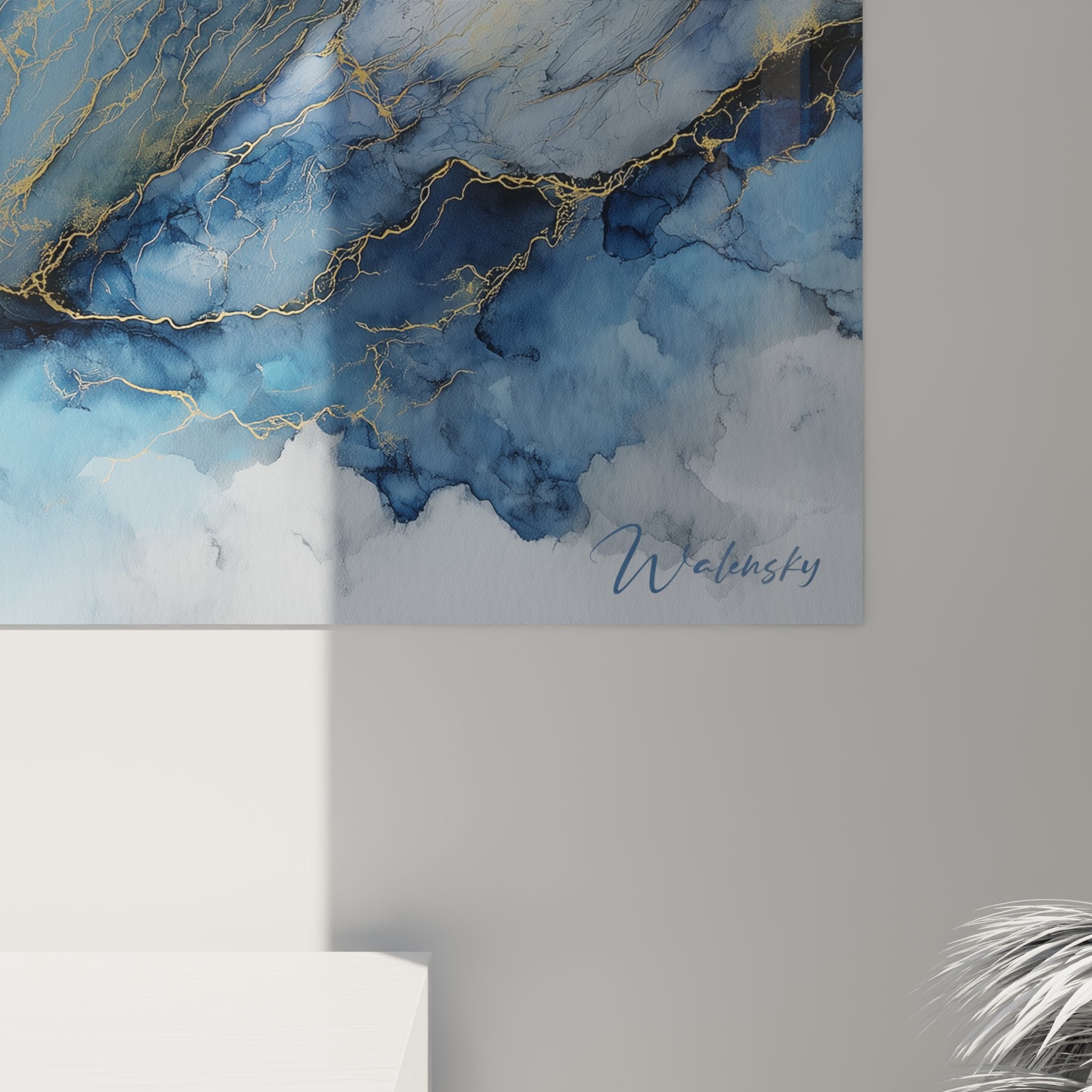 Complete living room view abstract mountain painting modern wall art blue gold decor