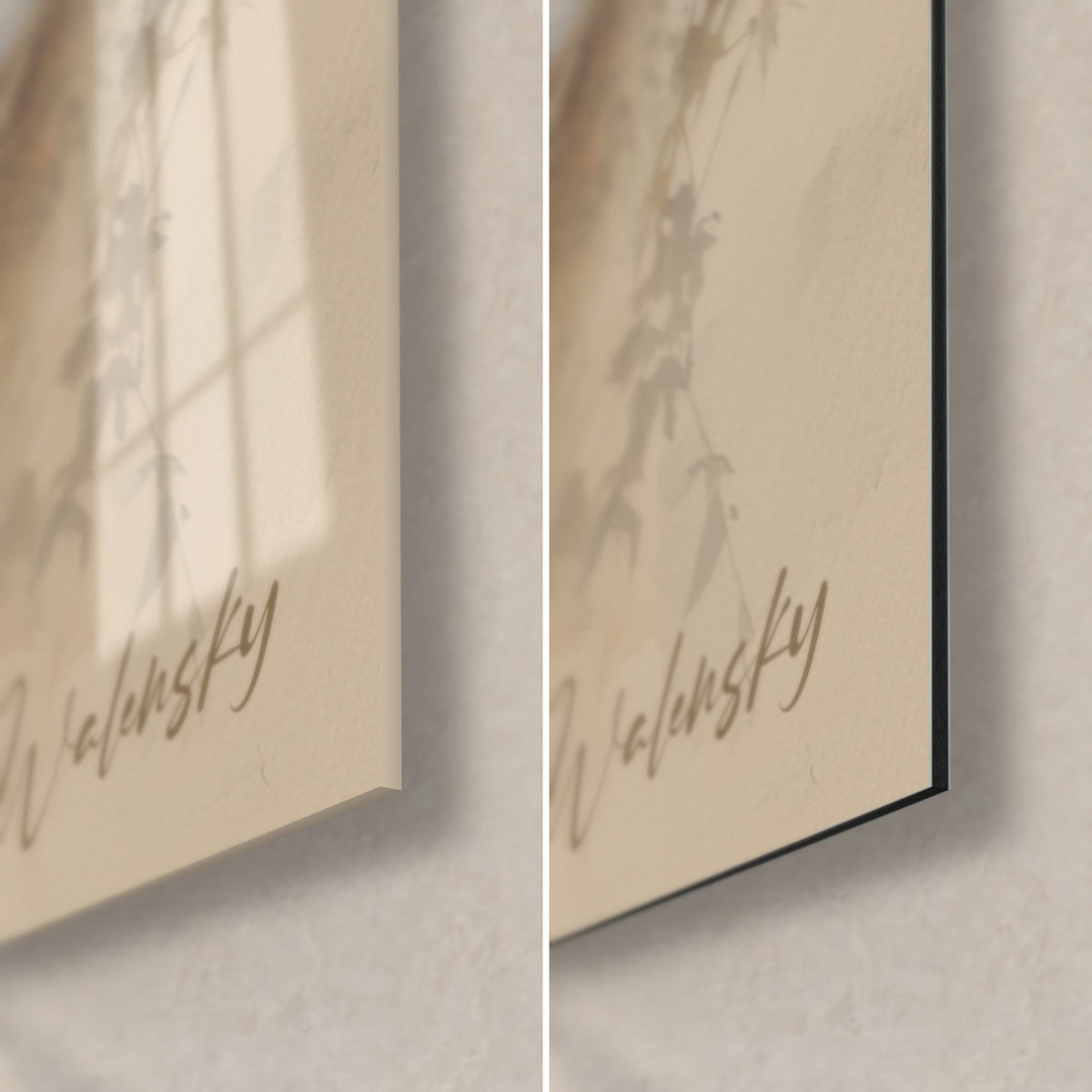 Gemälde weiße Stuten im Aquarell, untere rechte Ecke: Signatur Walensky in Braun, glänzendes Glas und mattschwarzes Dibond, 3 mm Kante