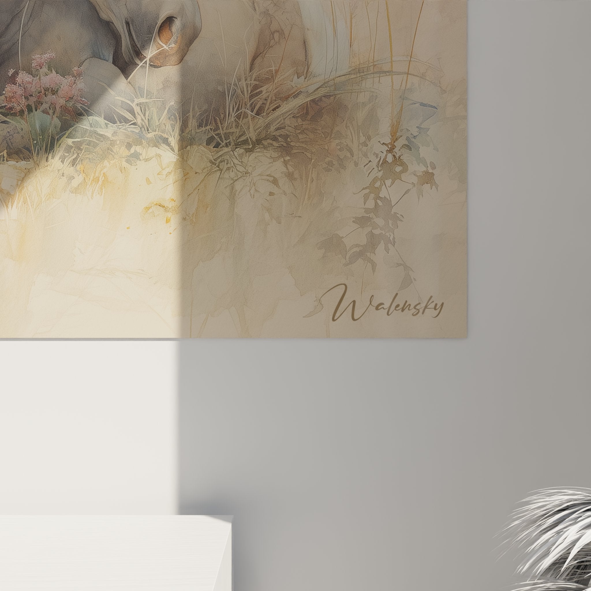 Vue ensemble tableau chevaux blancs Camargue paysage bucolique decoration interieur style pastoral