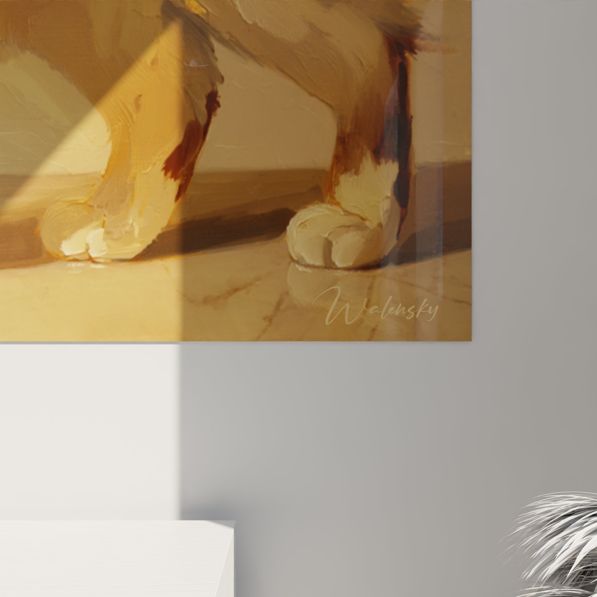 Overview of Birman cat painting, feline wall art interior decoration golden tones