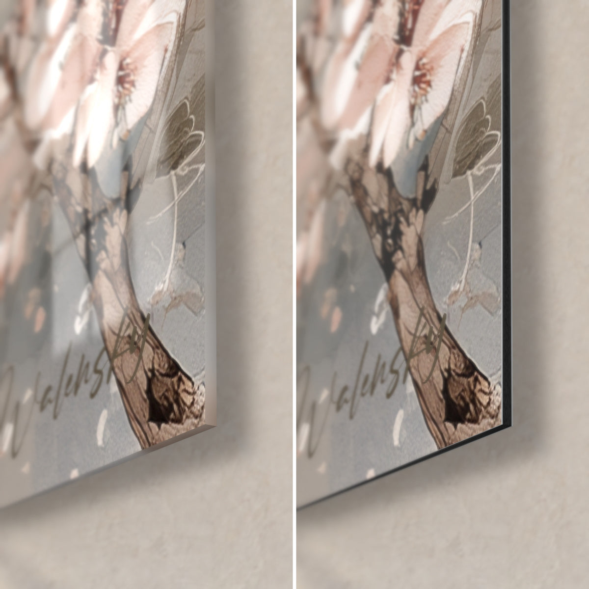 Gemälde Festung mit rosa und weißen Mandelblüten, untere rechte Ecke: glänzendes Acrylglas links, mattschwarzes Dibond-Alu rechts