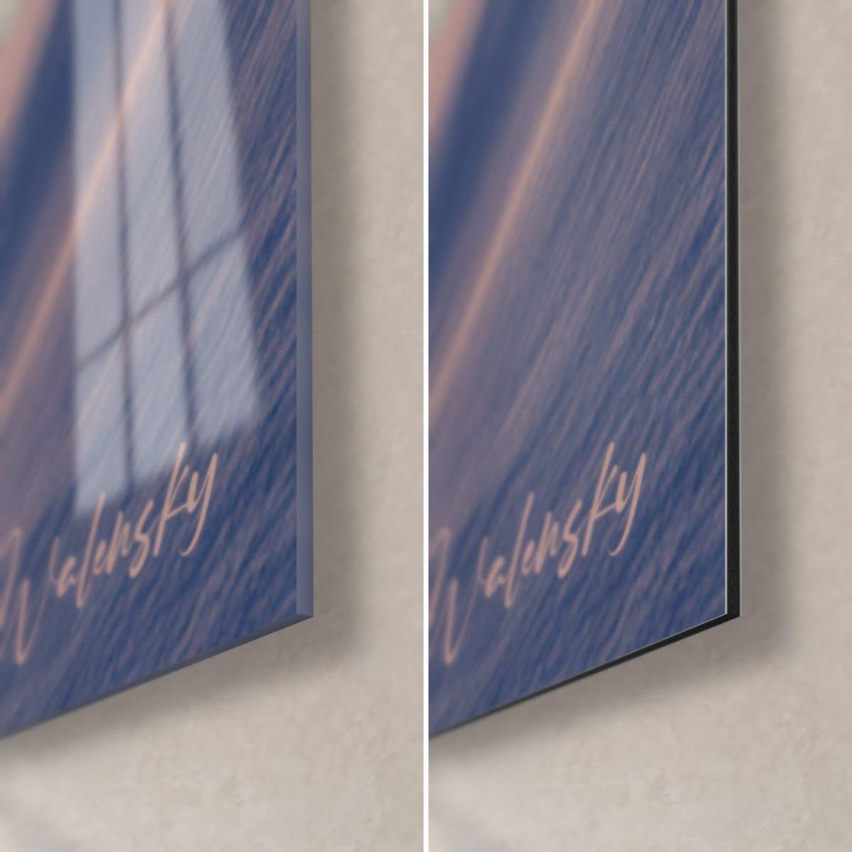 Schilderij snowboarder, roze en blauwe hemel, rechtsonder: glanzend acrylglas links, mat Dibond rechts, rand van 3 mm