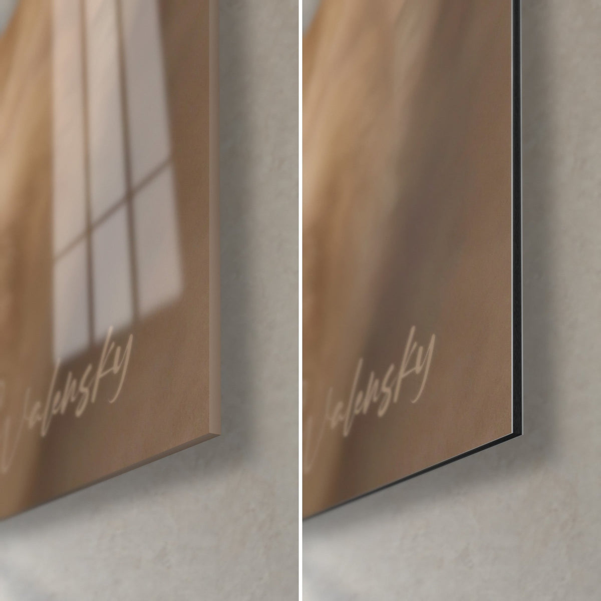 Wall art Cornish Rex cat, bottom right corner: glossy acrylic glass and matte Dibond aluminum, caramel tone, 3 mm black edge