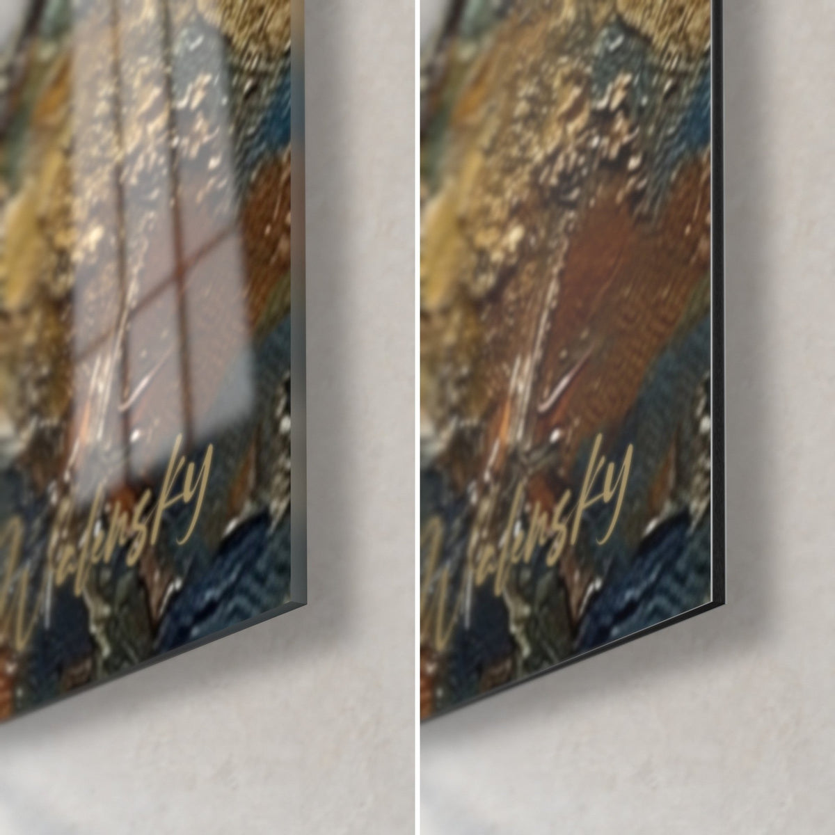 Wall art of a diver in a black glove, bottom right corner: glossy acrylic glass on the left, matte Dibond aluminium on the right, 3 mm edge