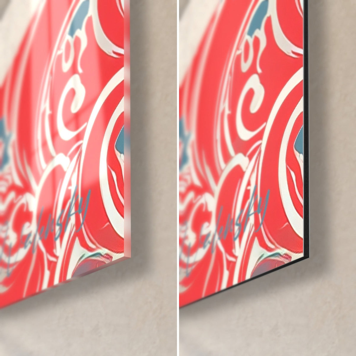 Wall art sphynx with coral red and blue-grey floral scrolls, bottom right corner in glossy glass and matte black Dibond