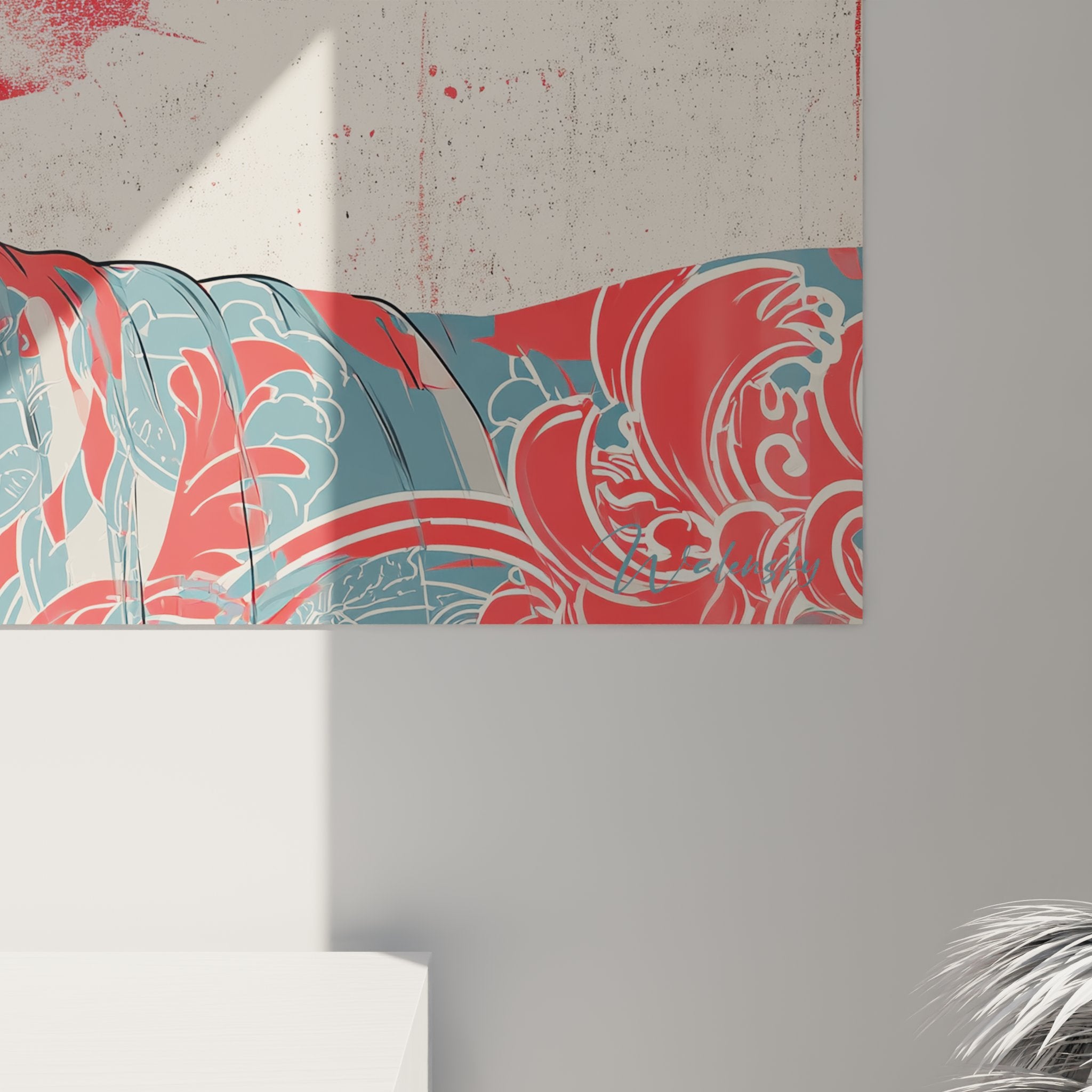 Panoramica quadro gatto sphynx urbano, opera d'arte murale moderna per interni contemporanei